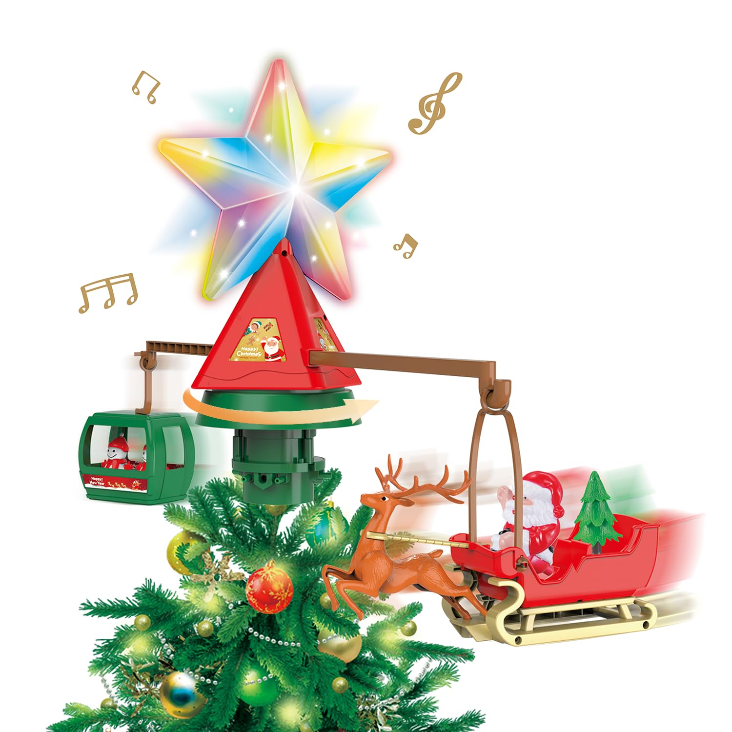 Decoración para árbol de Navidad iluminada, ciervo y trineo, luz giratoria y decoración superior del árbol de música, estrella iluminada para decoración de fiestas de Navidad