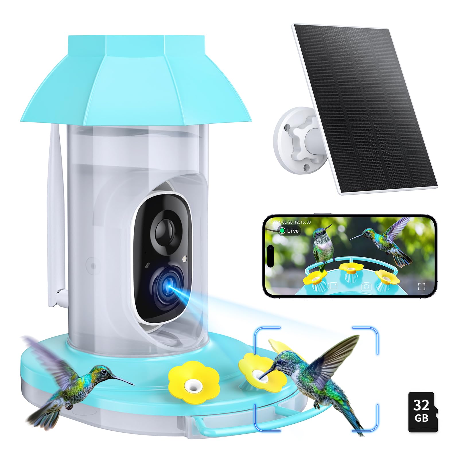 Hummingbird Feeder with Camera,1080P Solar Bird Feeders Camera for Outdoors Hanging, AI Identify, Ant Moat & Bee Proof, Ea...
