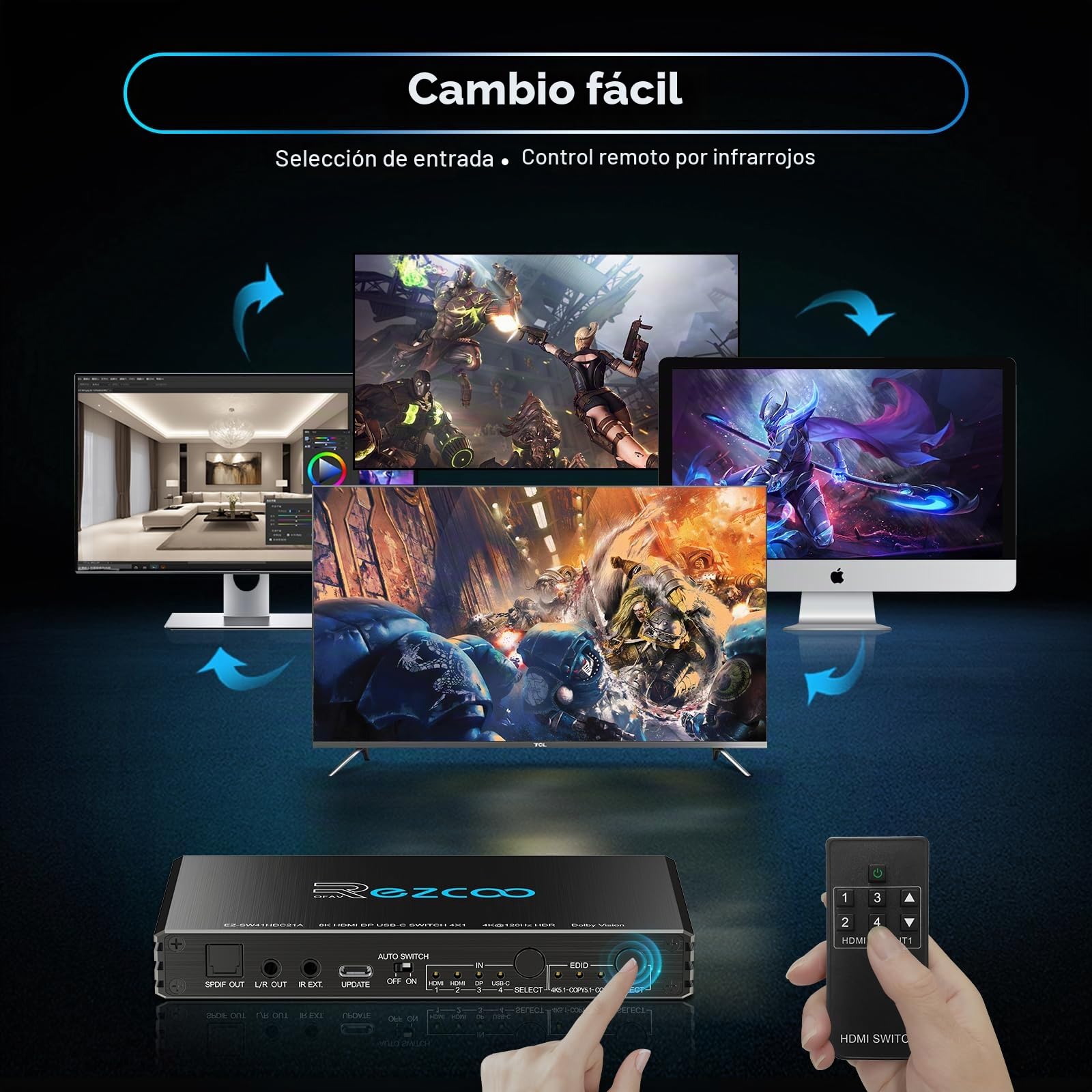 Conmutador HDMI 2.1 4K a 120Hz 4x1 USB C DP1.4 de 4 puertos con extractor de audio (óptico y salida de 3.5 mm) VRR ALLM HDCP 2.3 HDR Dolby Vision/Atmos Audio óptico para PS5, Xbox, juegos, control