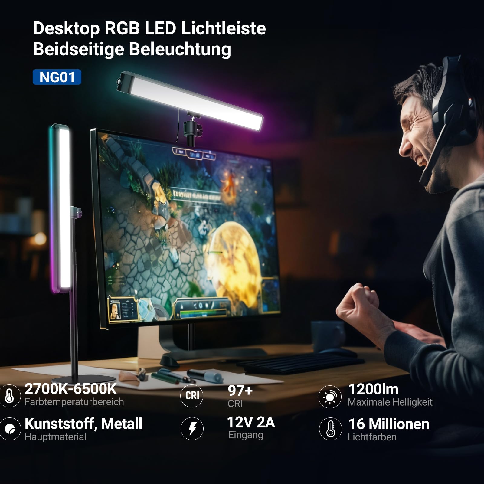 NEEWER NG01 RGB LED Streaming Key Light, Doppelseitige Tischlampe