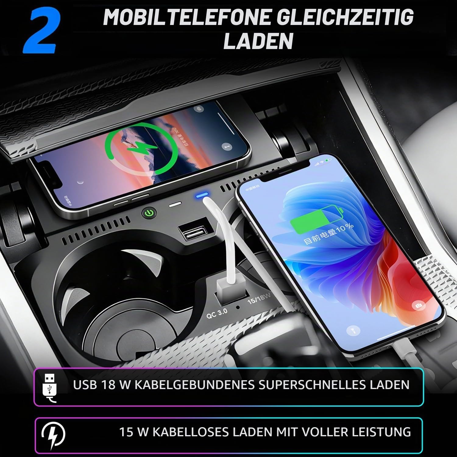 Kabelloses Ladegerät für BMW 3er G20 2019–2024/BMW 4er G22 2020–2024/2er | OEM-Passform mit 18W QC3.0 USB, BMW 3er G20 2019–2024 BMW 4er G22 2020–2024 Schnellladendes Handy-Ladegerät (Nicht für NFC)