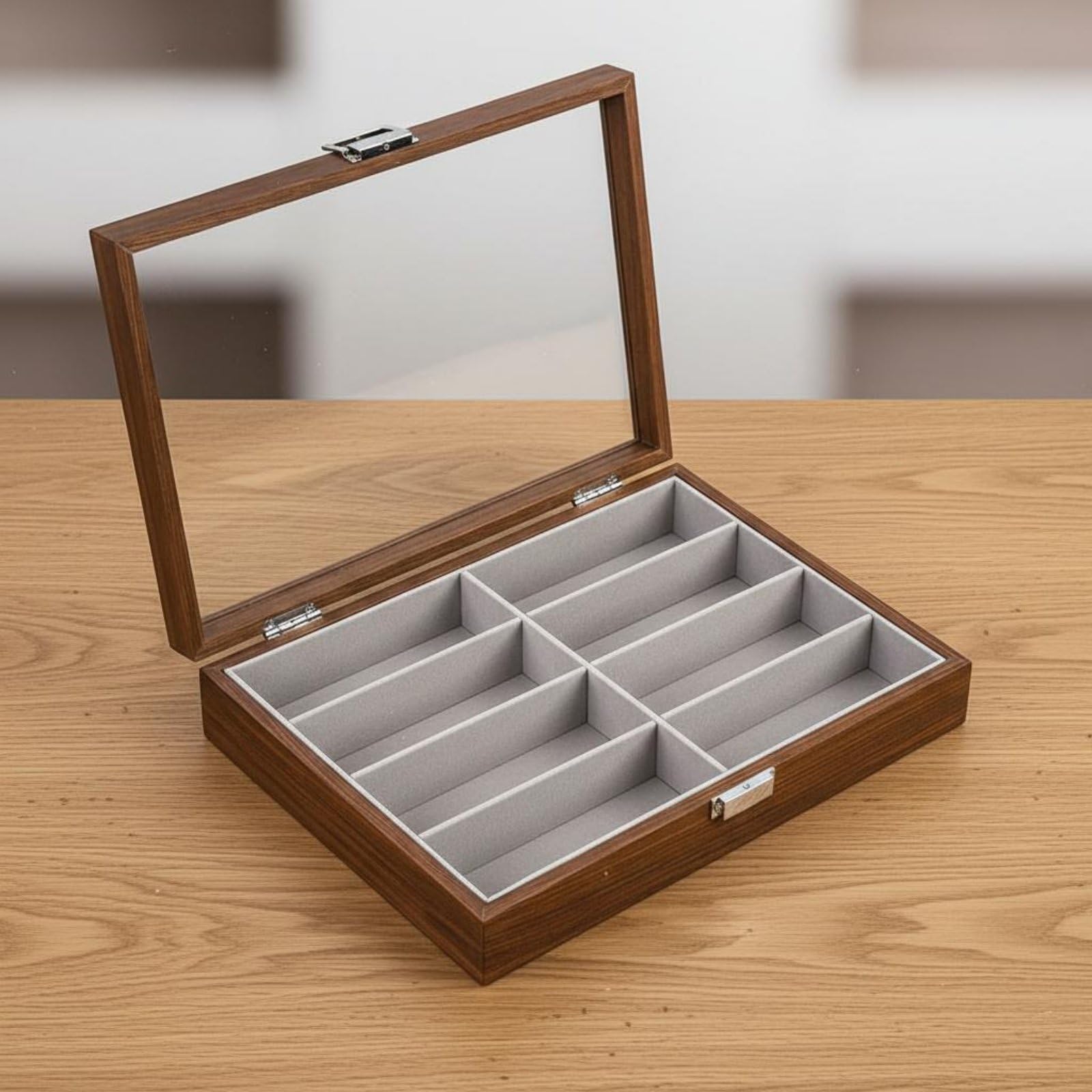 Étui de Rangement Lunettes Boîte Présentation Organisateur Vitrine Couvercle Transparent avec Charnière et Fermoir Protection Contre la Poussière en, Marron, Marron Intérieur Gris