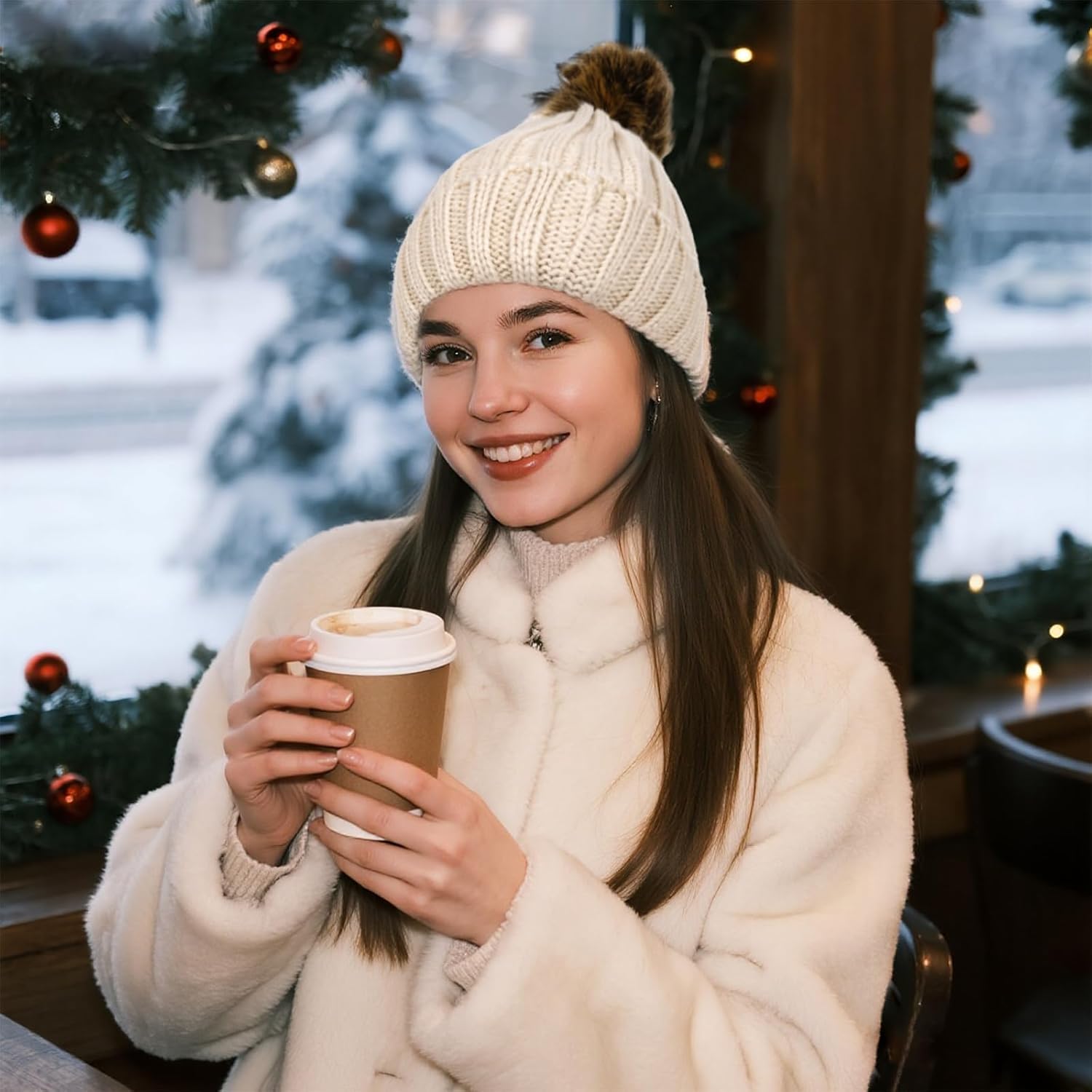 hoyuwak Satin Lined Beanie - Winter Hat for Women, Soft Stretchy Acrylic Beanies, Warm Beanies for Cold Weather, Outdoor Activities White - Image 5