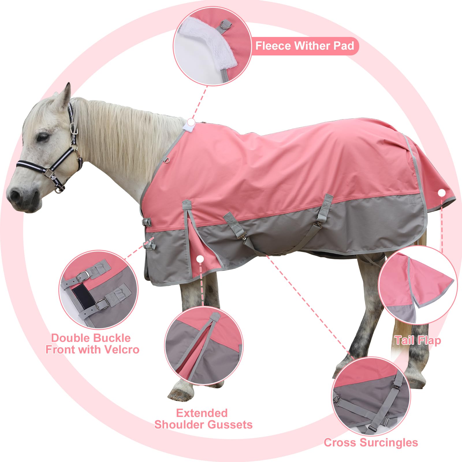 Gallopoff 1200D Ripstop Lightweight No-Fill Turnout Horse Rug, Waterproof & Breathable Standard Neck Outdoor Rain Sheet Pink Grey, 6'6" - Image 2