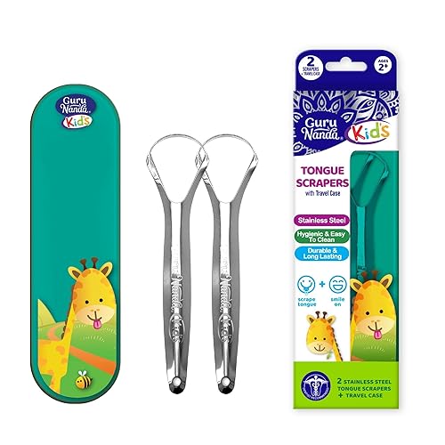 GuruNanda Raspador de lengua para niños (paquete de 2) con estuche de viaje, acero inoxidable, ayuda al aliento fresco, limpiador de lengua apto