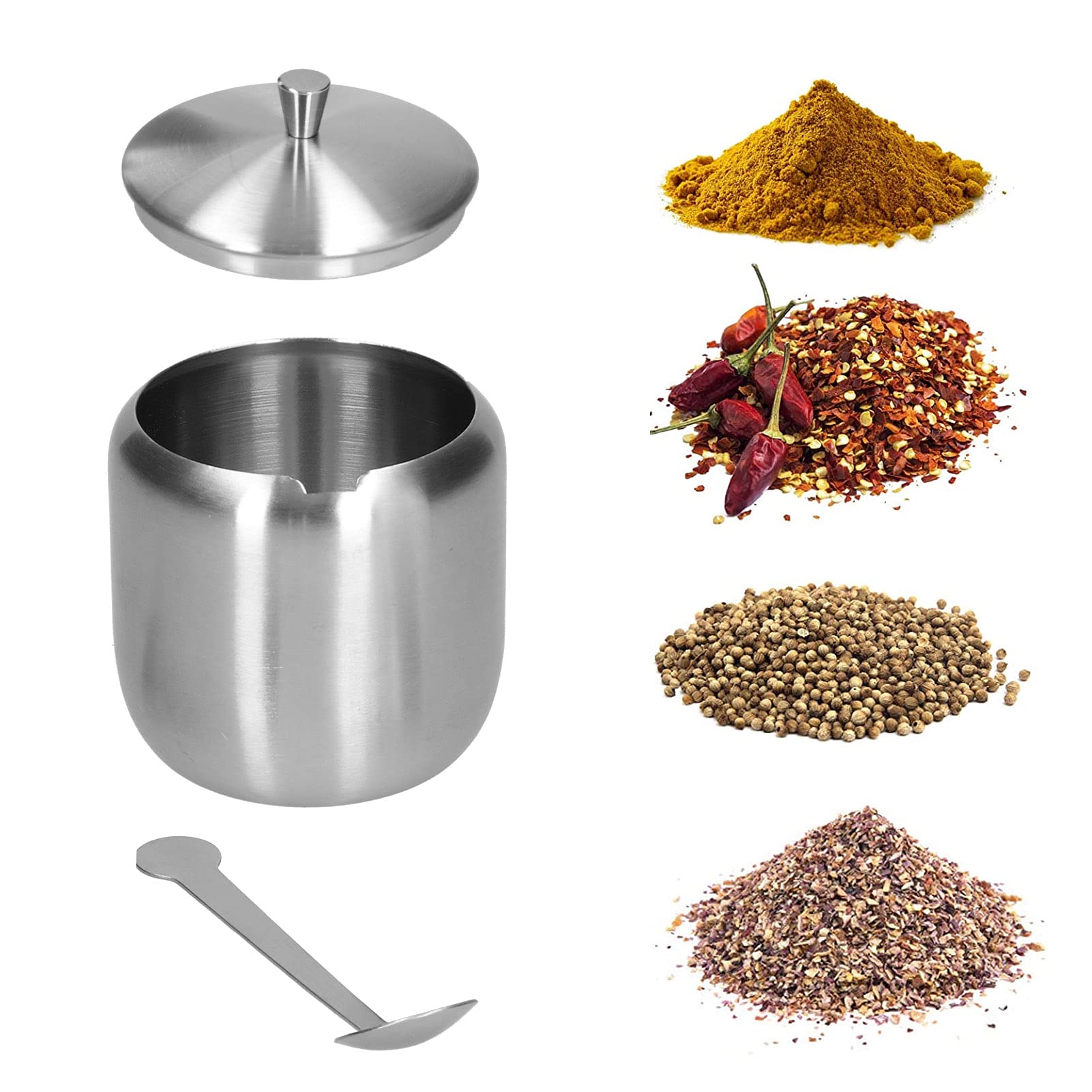 OKJHFD Recipiente de azucarero de acero inoxidable de 370 ml con tapa y cuchara de azúcar, pulido cepillado antioxidación, condimento antióxido, forma de tambor