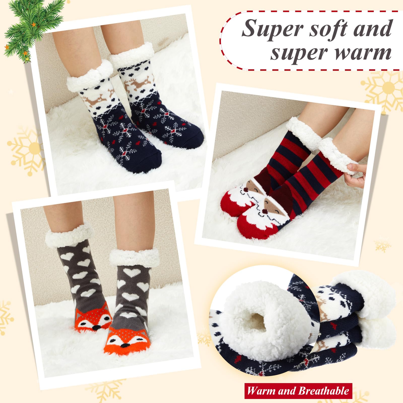 Hestya 3 Paires de Chaussons de Noël Chaussettes de Lit Antidérapantes Chaussettes d'Hiver Moelleuses pour Noël