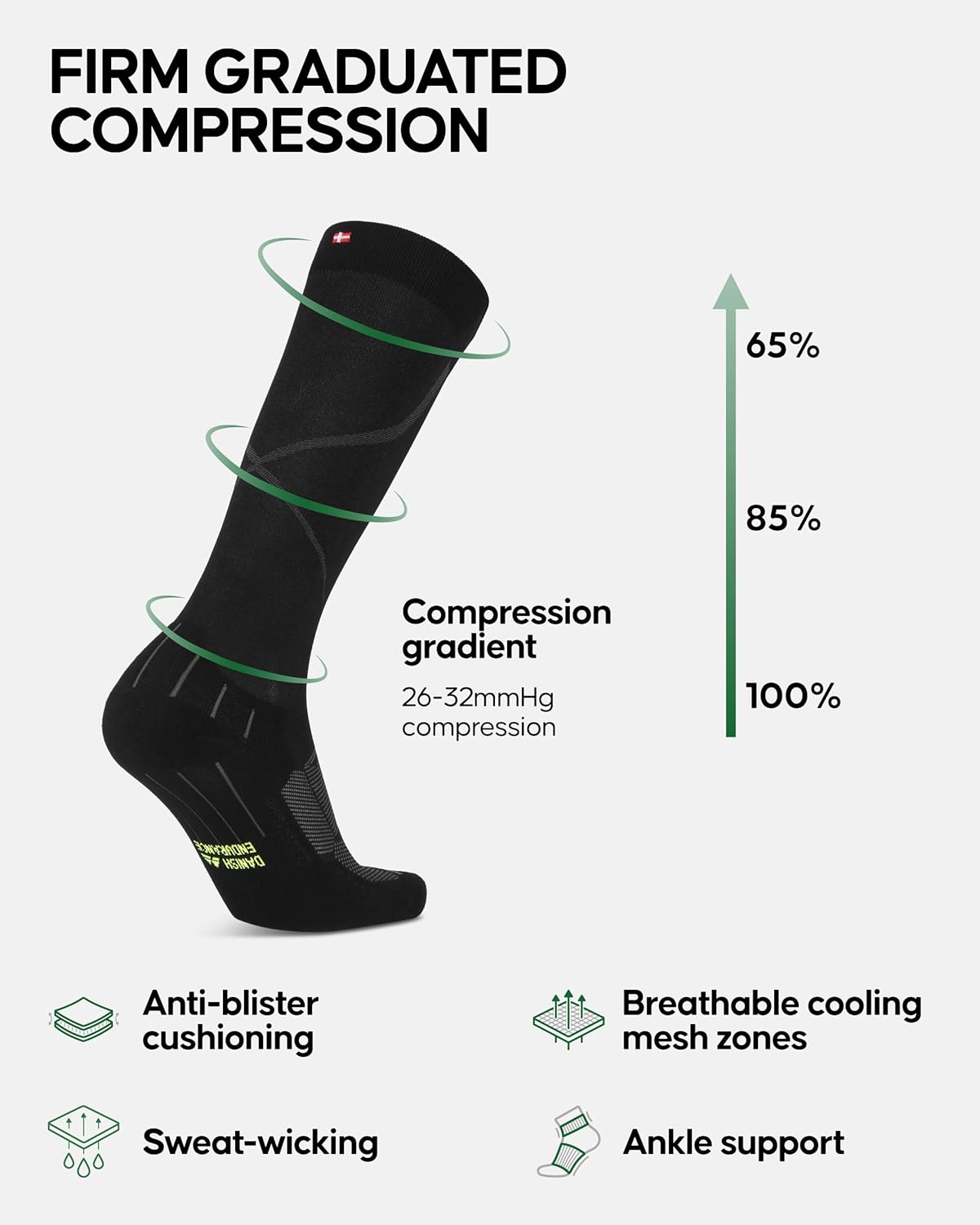 DANISH ENDURANCE 26-32 mmHg Compression Socks - Firm Support, Breathable, Boost Circulation, Men & Women, Training & Recovery - Image 2
