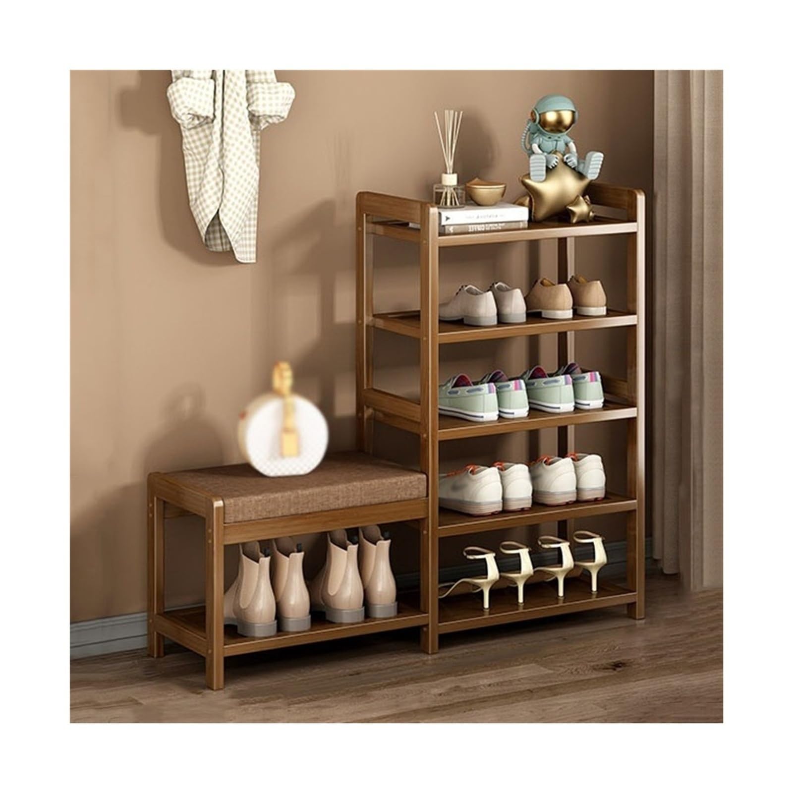 Meuble de rangement chaussures en bambou noble avec assise rembourrée haut de gamme