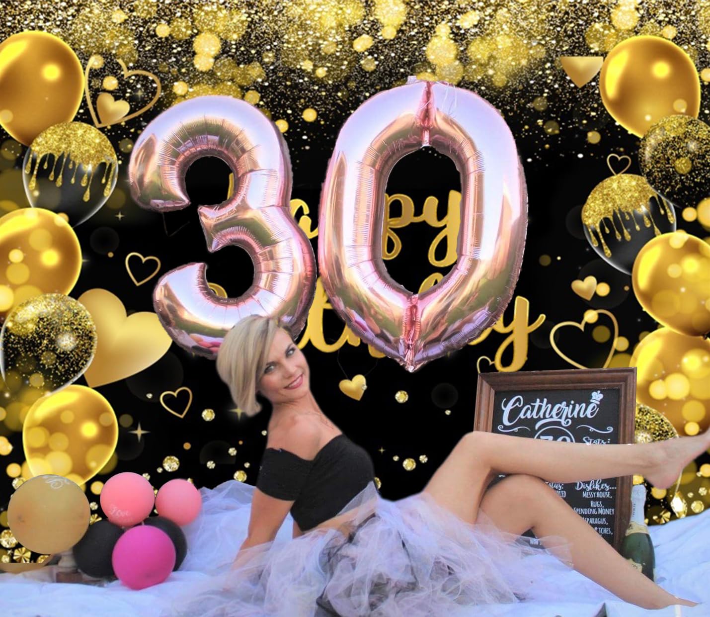 Telón de fondo negro y dorado para fotografía de fiesta, fondo de fotos de cumpleaños con purpurina dorada, telón de fondo bokeh de globo dorado de 10 x 8 pies, para niños, hombres, mujeres