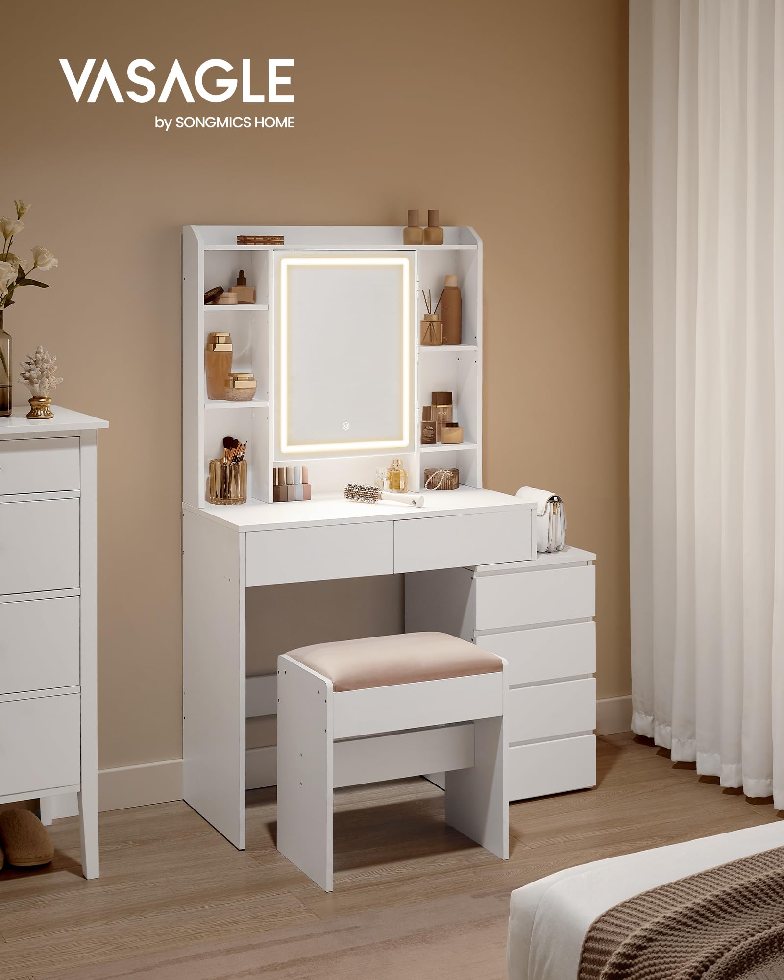 VASAGLE Kailyn Kollektion - Schminktisch mit LED-Beleuchtung, 3 einstellbare Lichtfarben, Frisiertisch mit Spiegel, Schubladen, offene Fächer, mit Hocker, verstellbare Ablagen, wolkenweiß RDT125W01