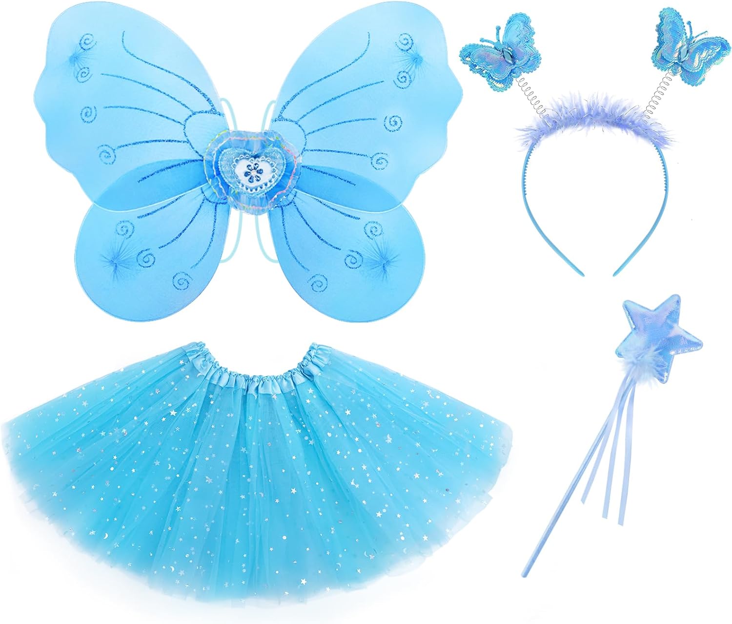 VEKDA 4 Pack Fairy Costume for Girls Butterfly Wings Kids Princess Costume Set with Tutu Skirt,Headband,Fairy Wings and Wand