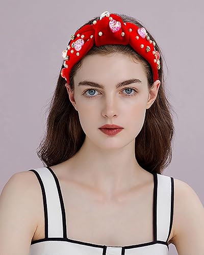 Miniatura 4 de Bnikion Diadema de diamantes de imitación para el día de San Valentín para mujer, adorno con nudo superior, banda ancha para el cabello, diadema