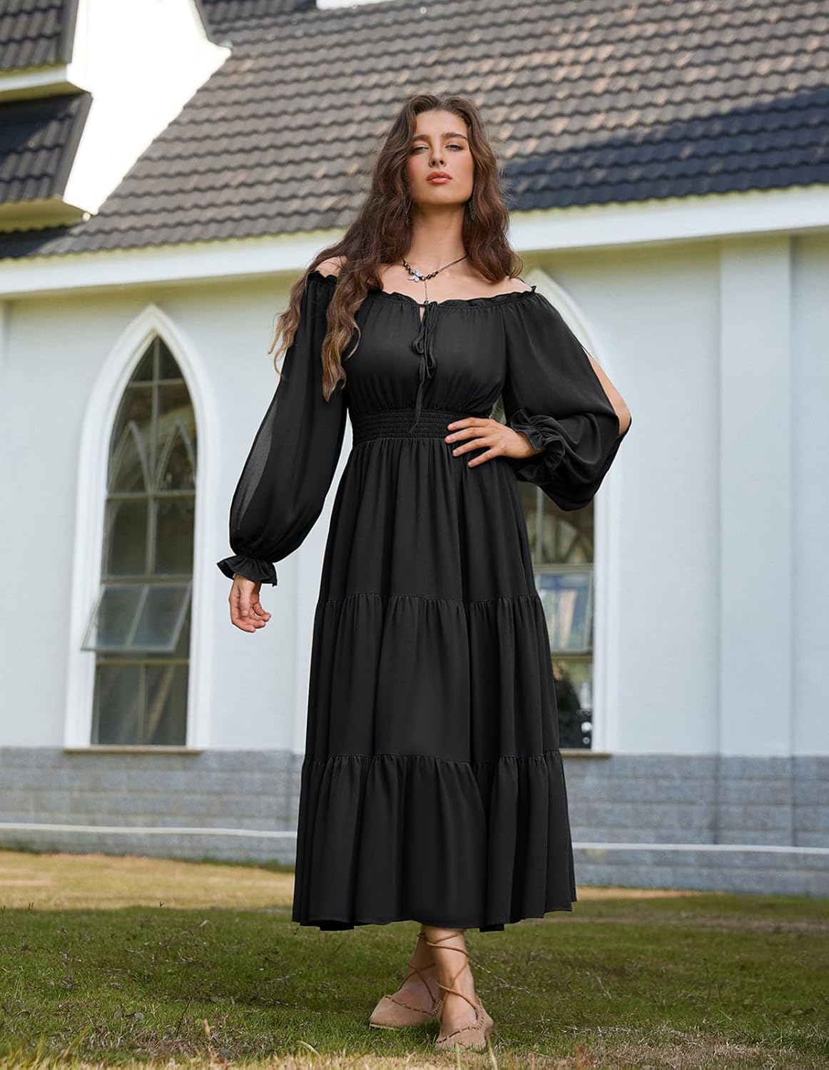Scarlet Darkness Women Renaissance Off Shoulder Split Sleeve Smocked Waist Tiered Maxi Dress - Image 5
