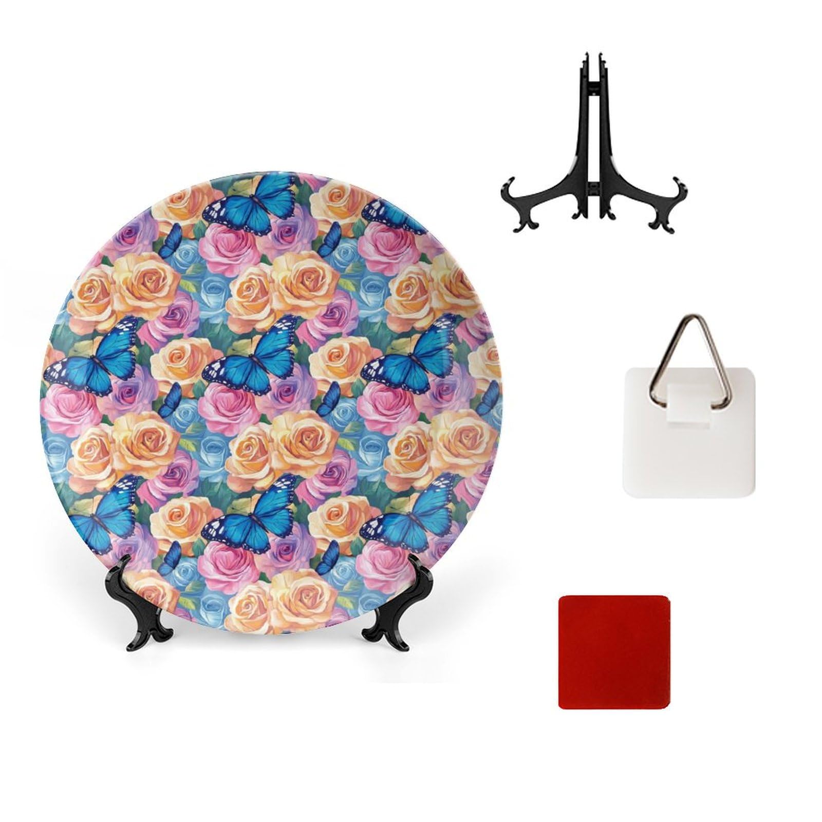 DULAHR Butterfly Flower Rose Bone China Decorative Plate Ceramic Decorative Plate Home Wall Decor with Vertical Stand Decorative Plates