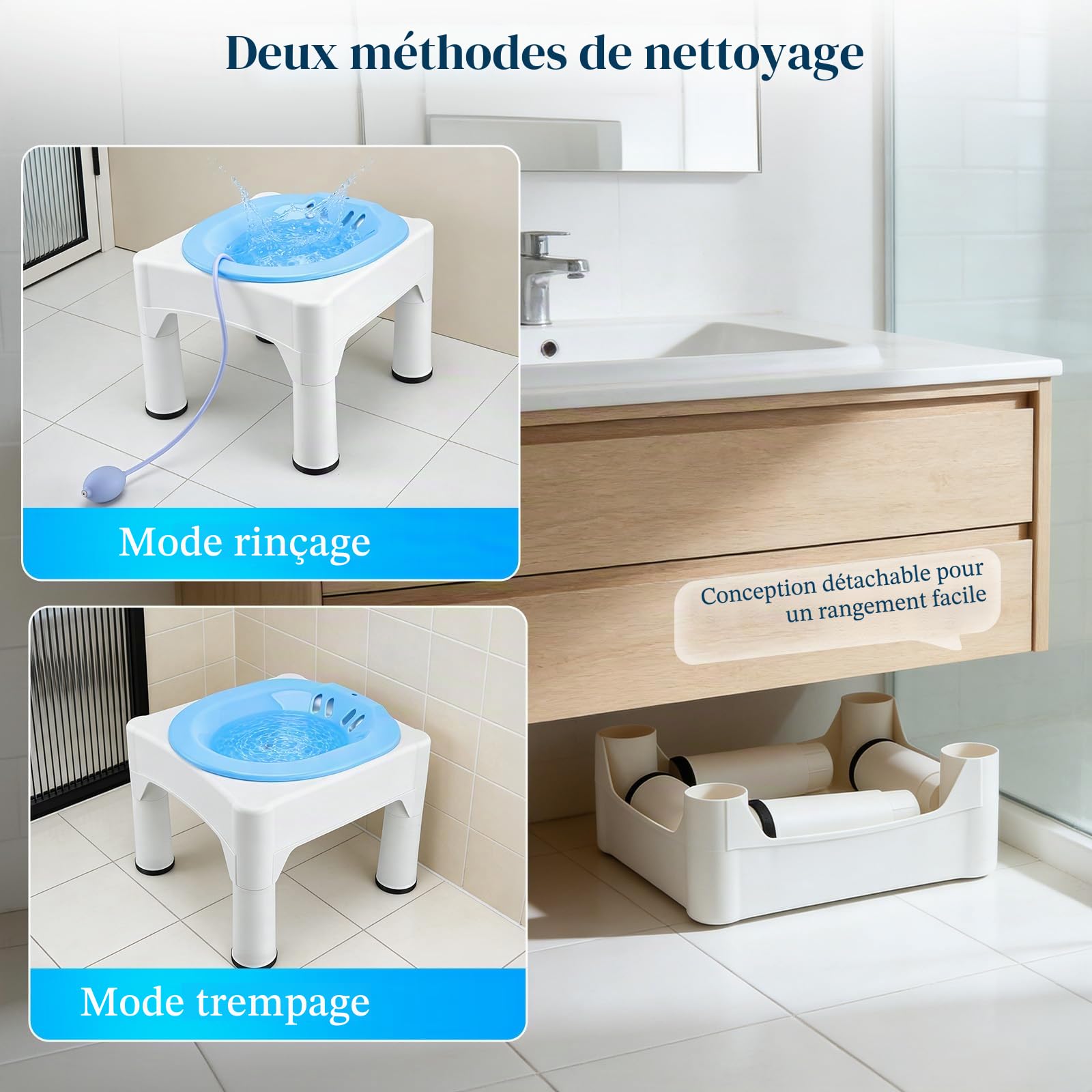 Bain de siège pour hémorroïdes – Baignoire d'assise portable adulte avec tabouret et fonction rinçage amovible, soin post-partum, compatible sel d'Epsom, pour un soulagement efficace à domicile