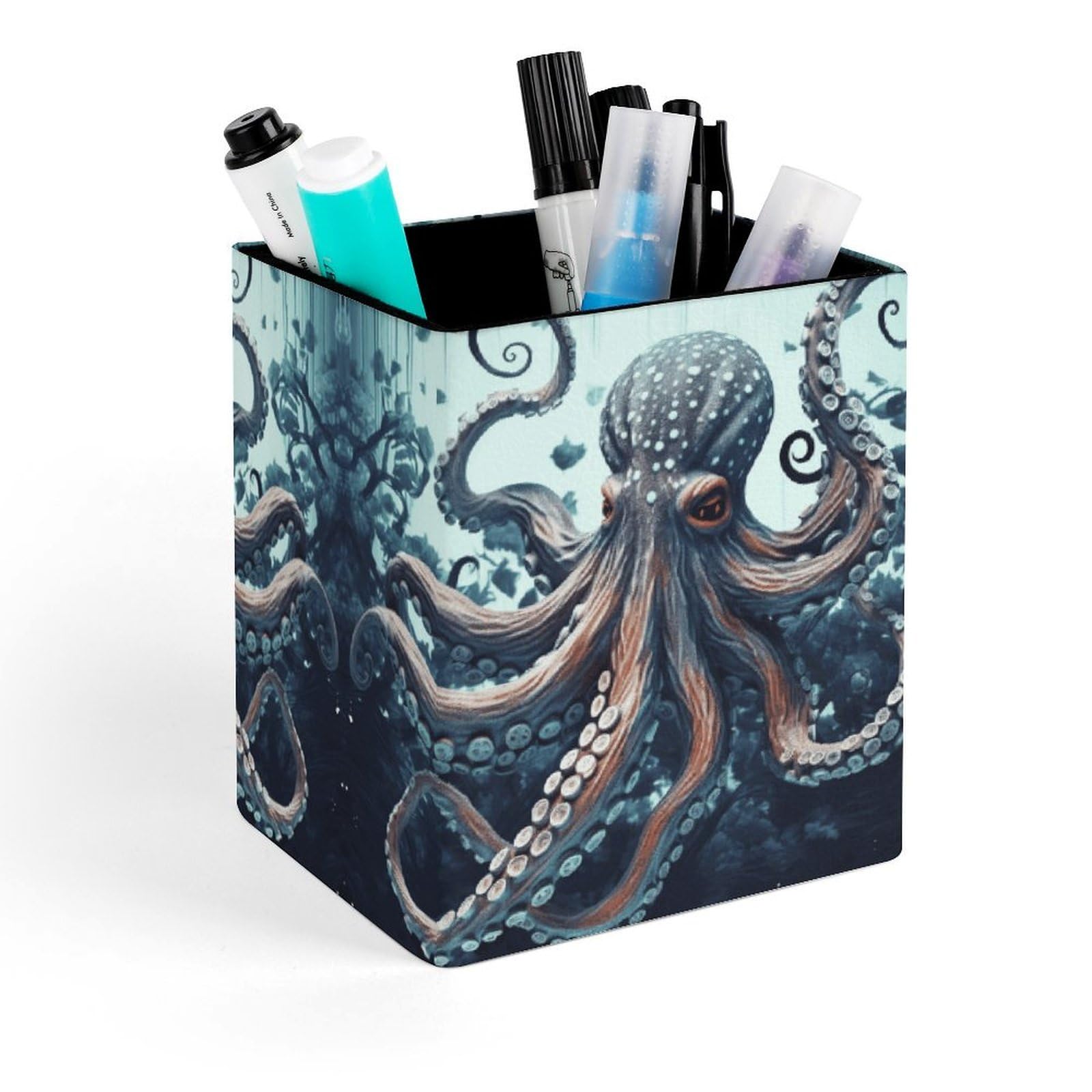 FekiLoot Cool Octopus Pencil Holder Square Leather Pen Holder Cup Modern Multi-Functional Pencil Cup Holder Decorative Desk Organizer Caddy Makeup Brush Holders for Desk Office