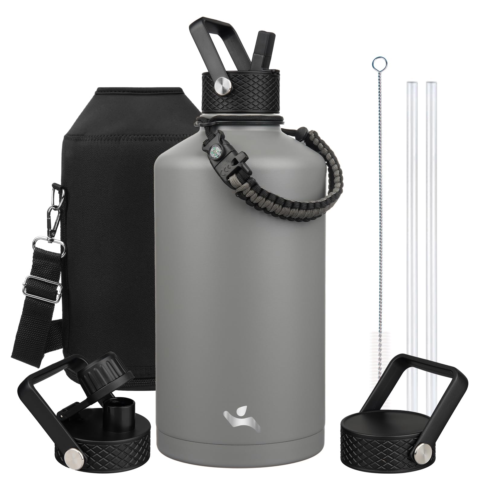Gallon Insulated Water Bottle with Straw 128 oz 3 Lids Water Jug with Carrying Bag Paracord Handle Double