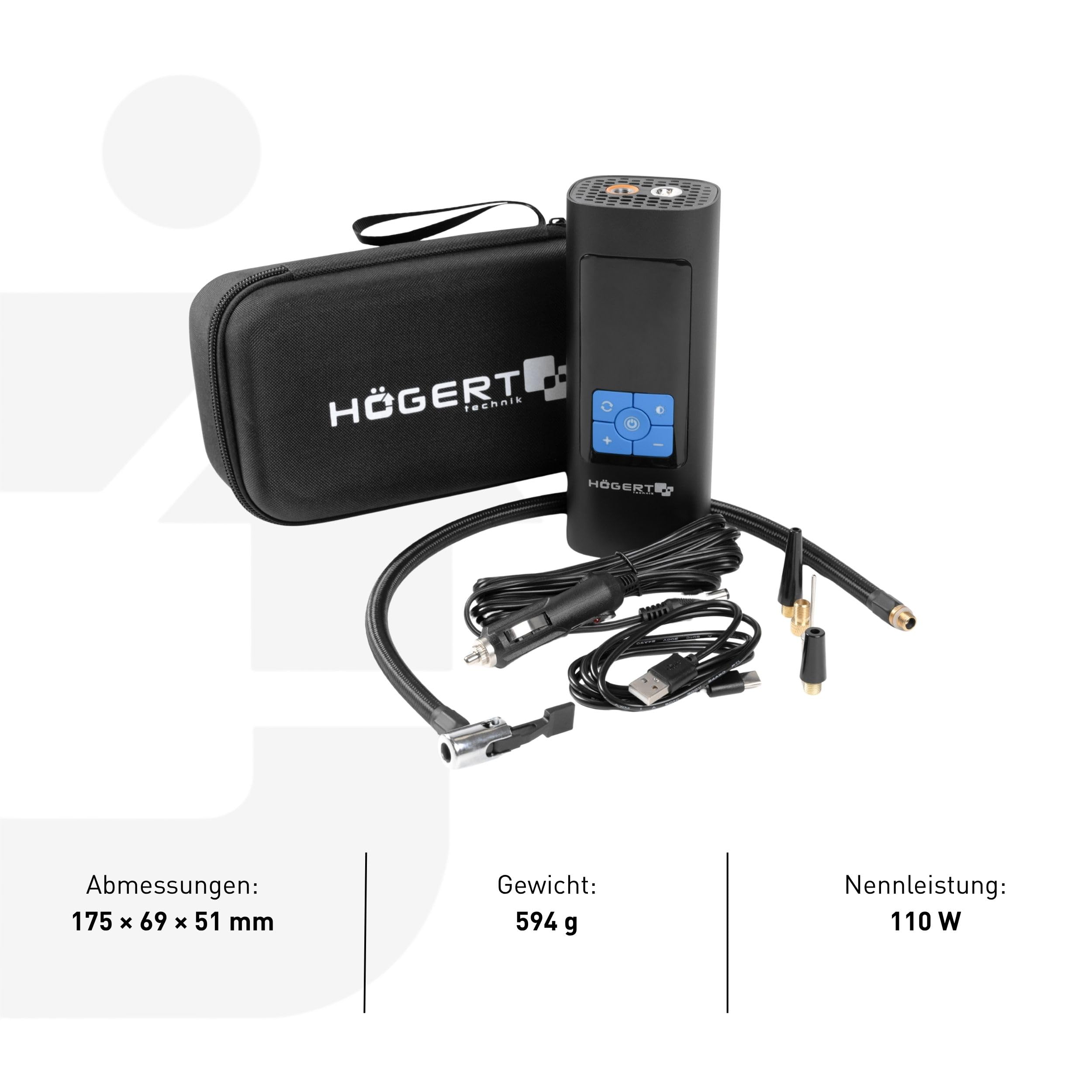 HÖGERT TECHNIK Tragbare Akku Elektrische Luftpumpe 145PSI 3in1, Mini Kompressor mit Powerbank & LED Licht, Mobiler Luftkompressor Fahrradpumpe Auto Motorrad Ball Matratze, USB-C Ladegerät