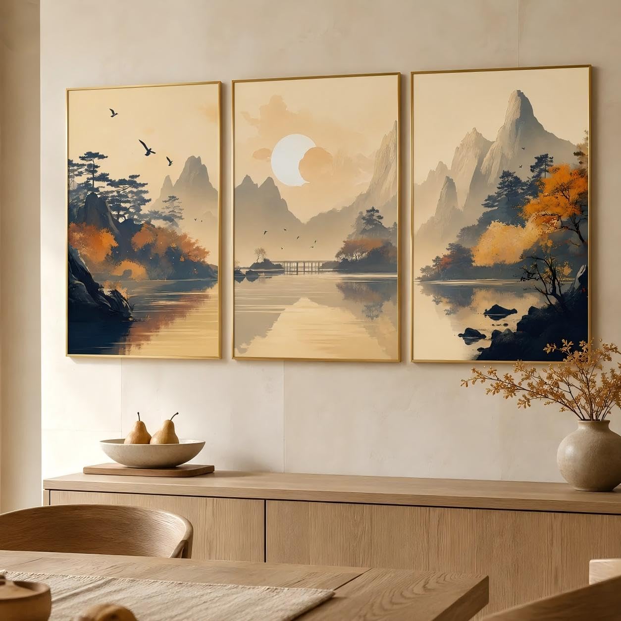 XLDBDLA Quadro su tela con paesaggio autunnale retrò, tramonto sul lago, ideale per soggiorno, camera da letto e decorazione murale (70x90cm x 3/senza cornice)