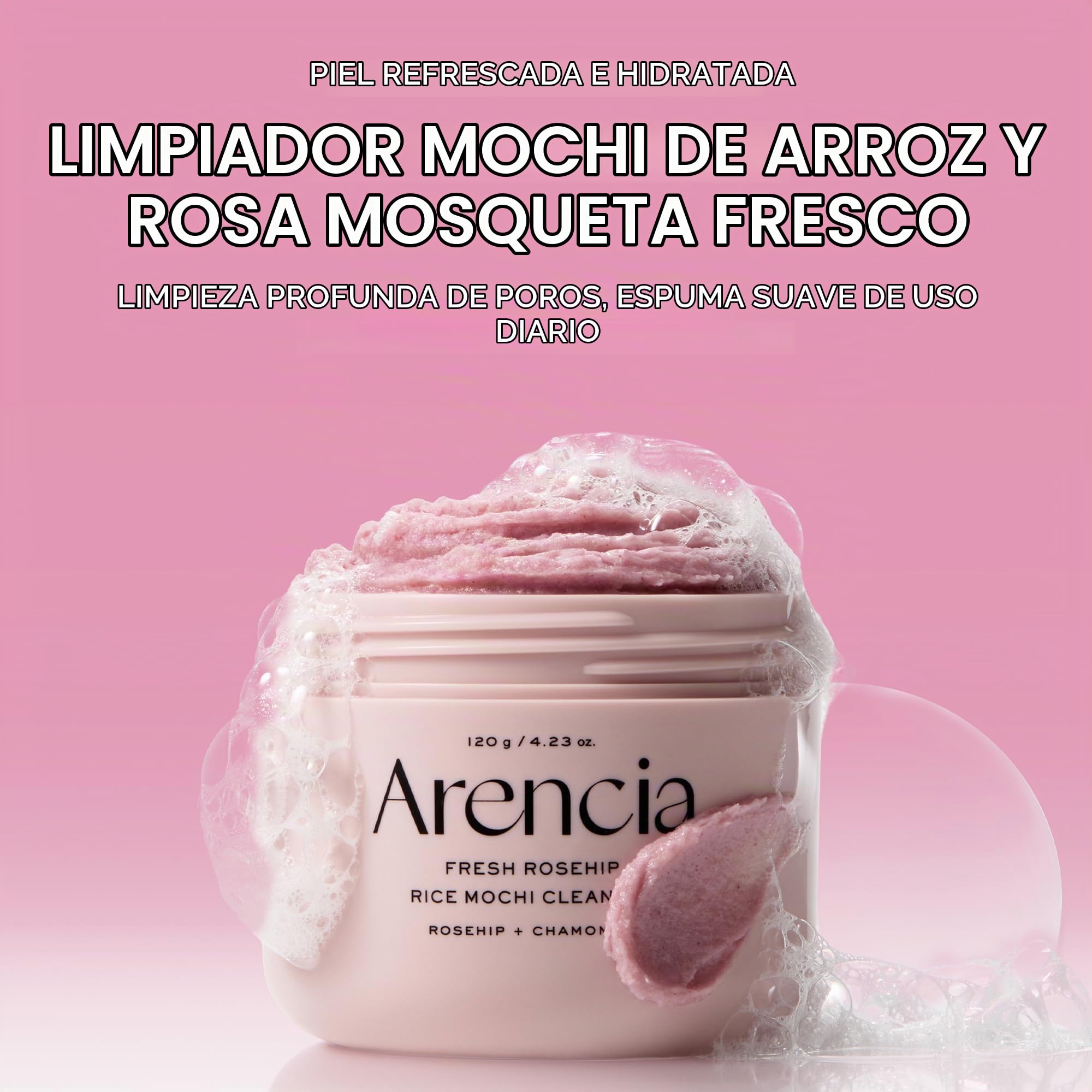Arencia Limpiador facial de arroz Mochi con rosa mosqueta, exfoliante diario, hidratante, limpieza profunda para todo tipo de pieles, con polvo de arroz y agua de arroz, 50 g