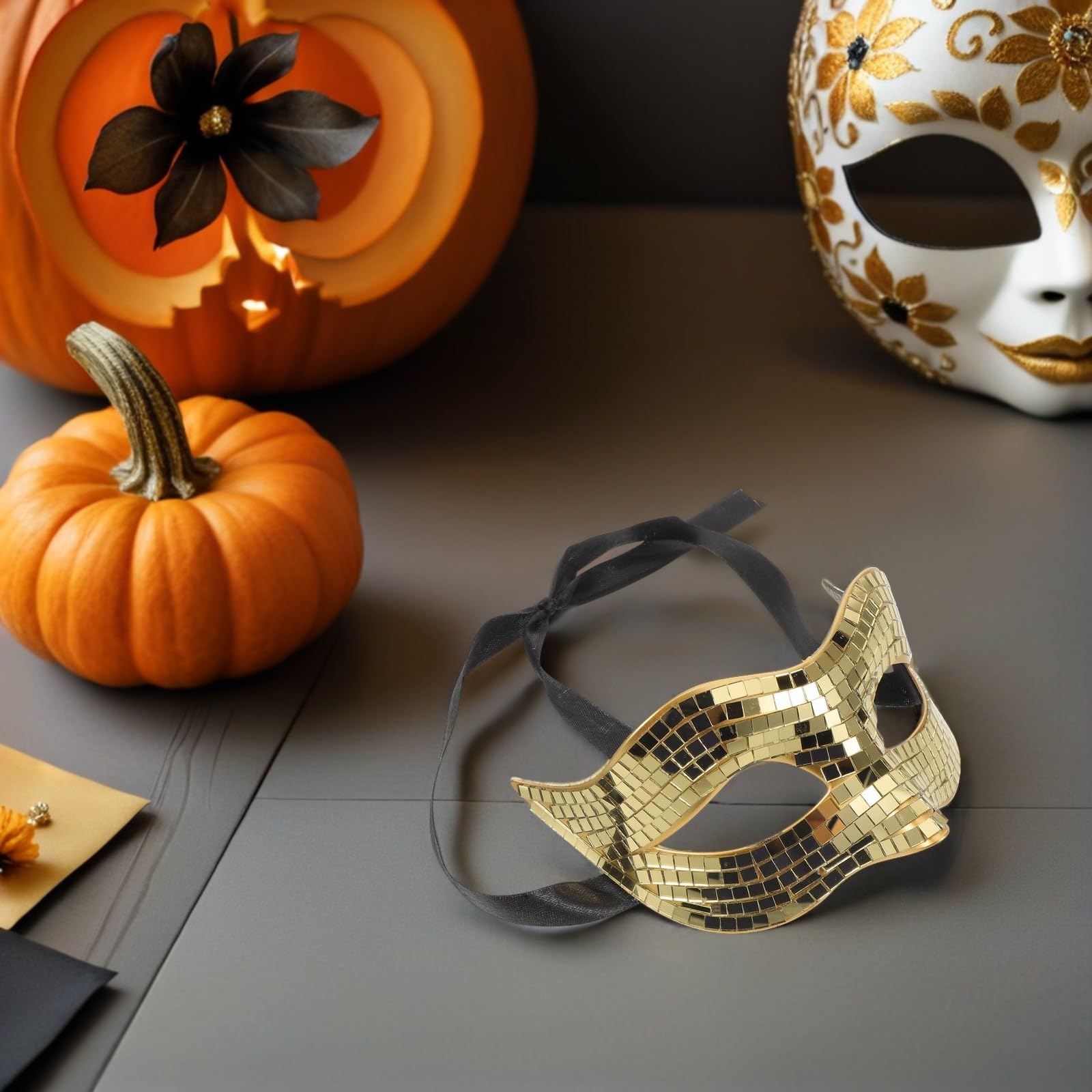 Healeved 4 Piezas Máscara de Discoteca Dorada de Media Cara Pvc para Halloween