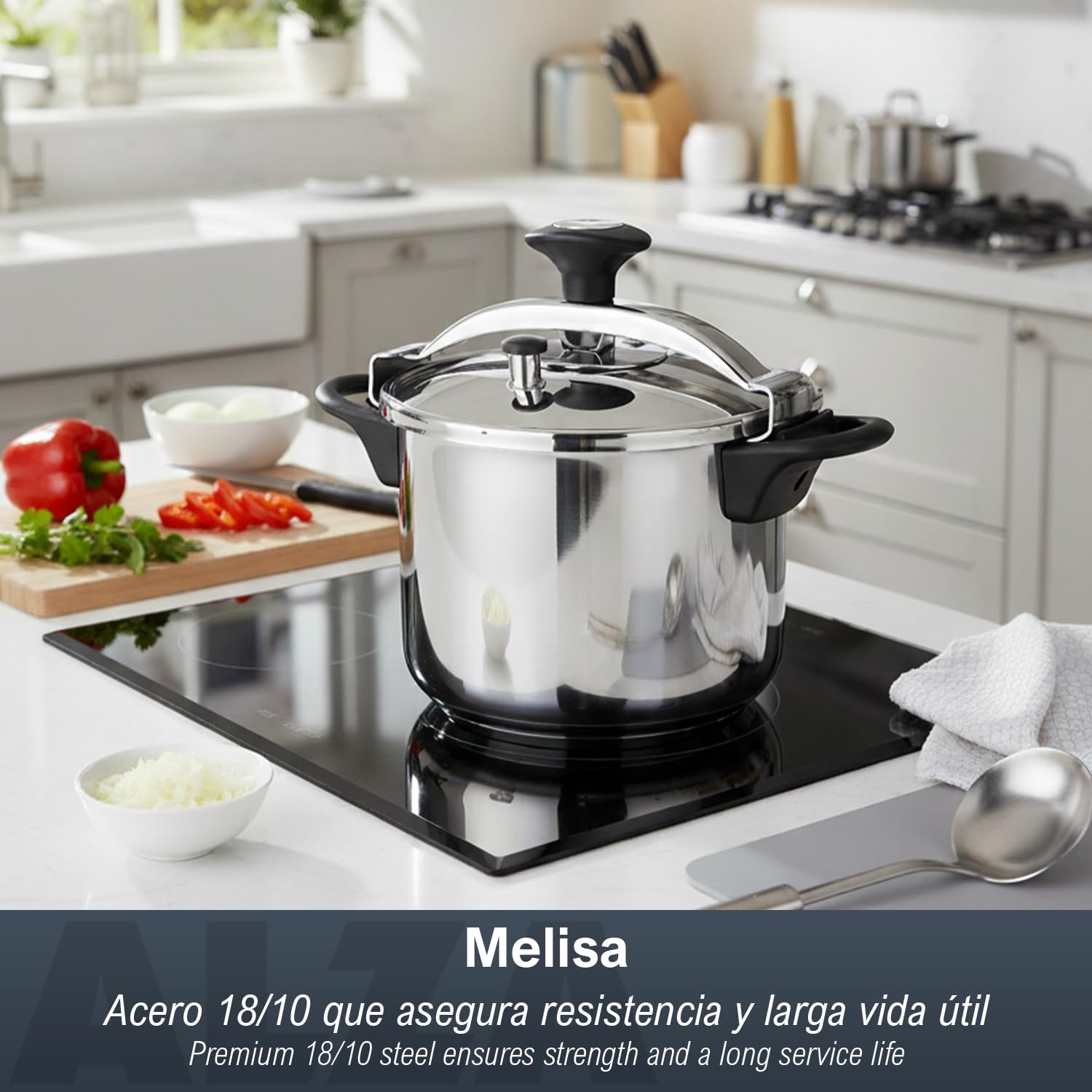 ALZA Melisa - Olla Express Tradicional Rápida, 6L, Acero Inoxidable 18/10, Cierre Progresivo, Todas Las Cocinas, Inducción, Base Sandwich