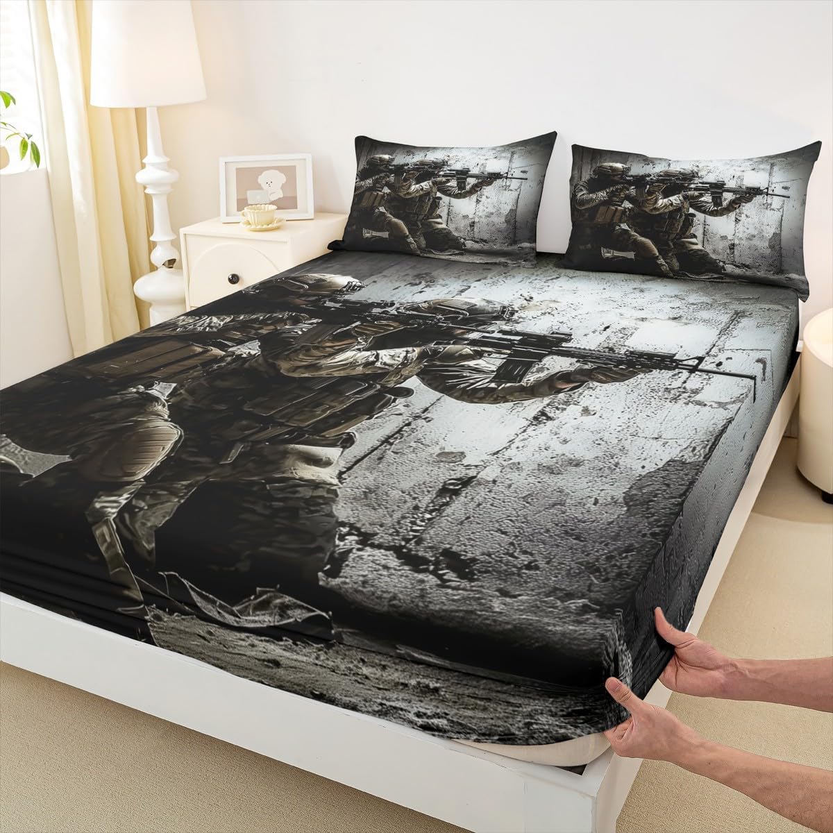 American Soldier Fitted Sheet, Boys Teens Under Mission Sheet Set, Rifle Machine Gun Bedding Set, Army Military Camo Fitted Bed Sheets Queen Camouflage Bedroom Decor for Youth Man No Top Flat Sheet