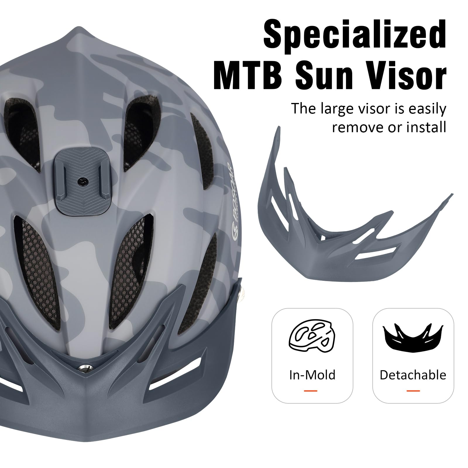 Bosoar Kask rowerowy górski, kask rowerowy dla dorosłych z mocowaniem na aparat i zdejmowanym wizjerem dla mężczyzn kobiet młodzieży, sugerowane dopasowanie 55-61 cm