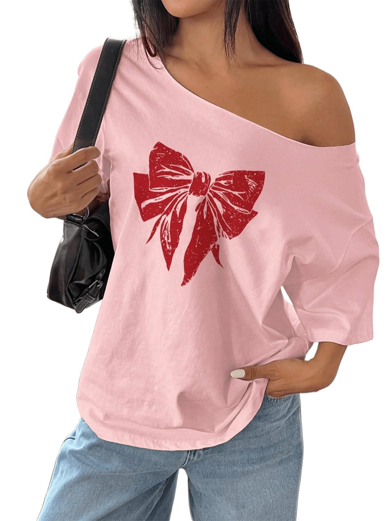 sxv style Asymmetrical Neck Bowknot Asymmetrical Loose T-Shirt, Fashionable for Summer-picture-29