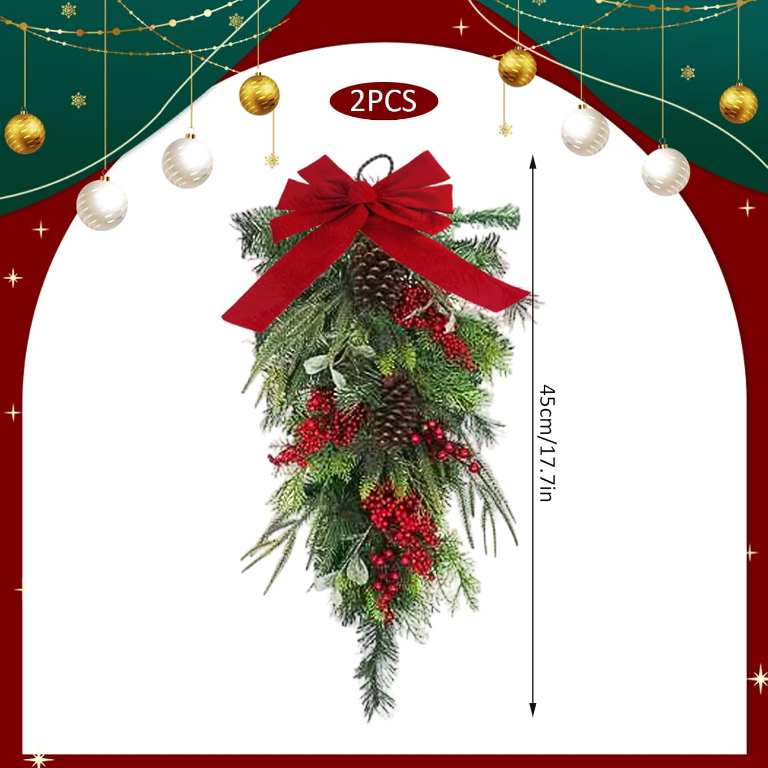 Christmas Teardrop Swag, 2PCS 18 Inch Swags with Bow Red Berries Pine Cones Hanging Wreath for Door Wall Window Xmas Decor, Christmas Swags