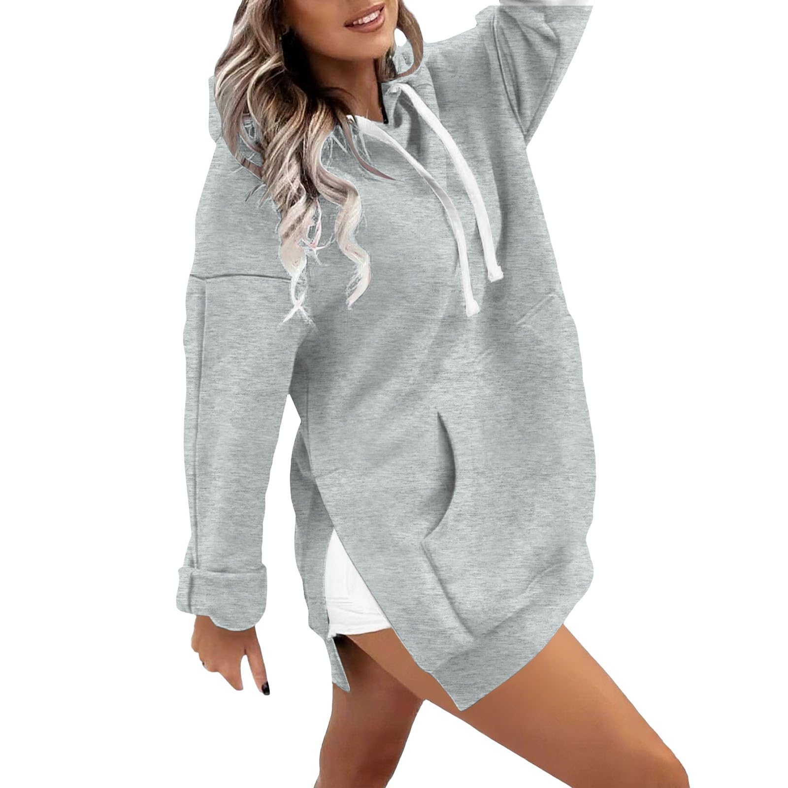 Generico Oversize Donna con Cappuccio - Top Donna Maniche Lunghe | Tinta Unita Tunica con Tasche Moda Termica Casual Sportive Abbigliamento Invernale Outdoor da Lavoro