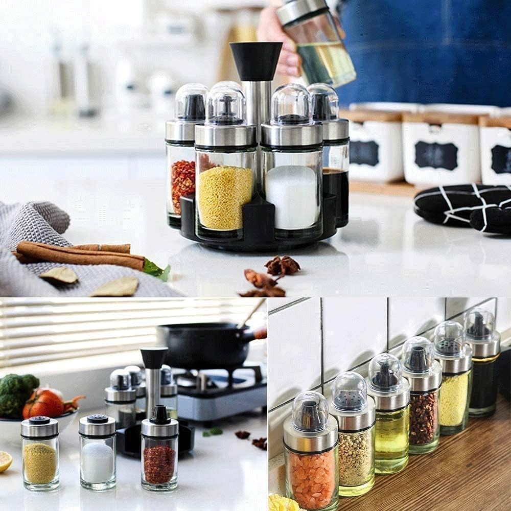 Juego de 6 especias, dispensador de aceite de sal pimienta y vinagre con soporte giratorio, soporte esencial para condimentos de cocina para aderezos y salsas para hombres