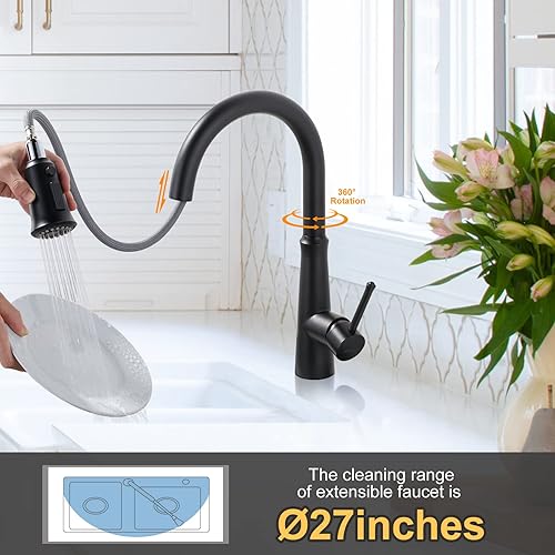 Miniatura 7 de WOWOW Grifos de cocina negro mate con rociador extraíble, grifo de fregadero de cocina de acero inoxidable para fregaderos de 1 o 3 agujeros, grifo