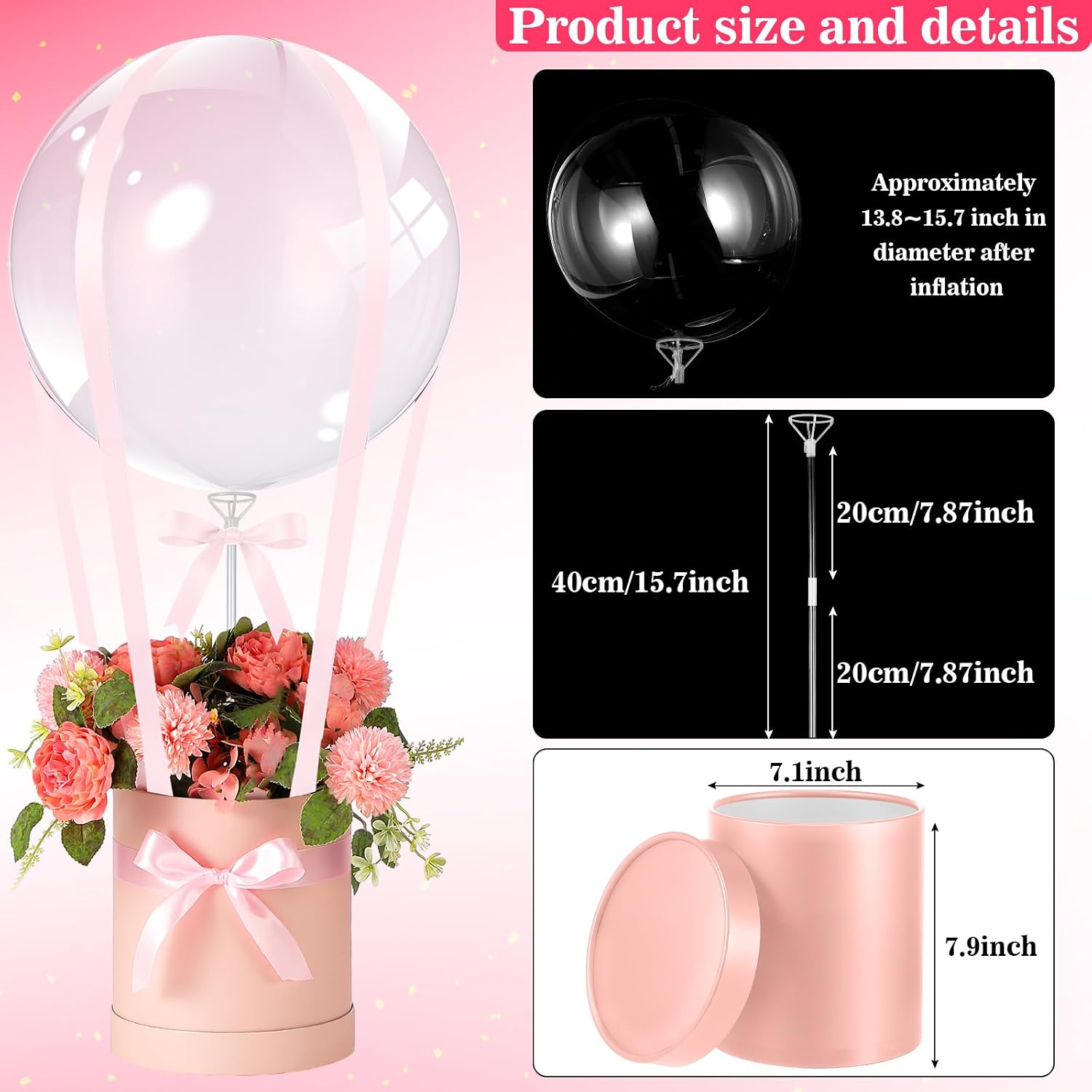 Soulchen DIY Hot Air Balloon Graduation Surprise Gift Box with 20'' Bubble Bobo Balloon Ribbon and Floral Clay for Mother's Day Wedding Birthday Anniversary Baby Shower Party Decoration(Pink)