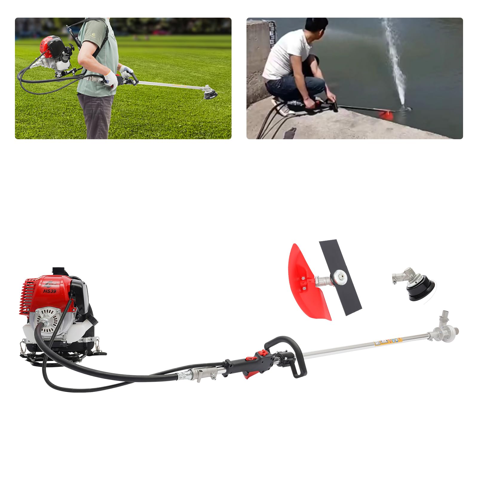 Desbrozadora con mochila, desbrozadora de gasolina, 750 W, 4 tiempos, monocilindro, refrigerado por aire, 8500 rpm, desbrozadora transportable en la espalda con mango ergonómico y gran