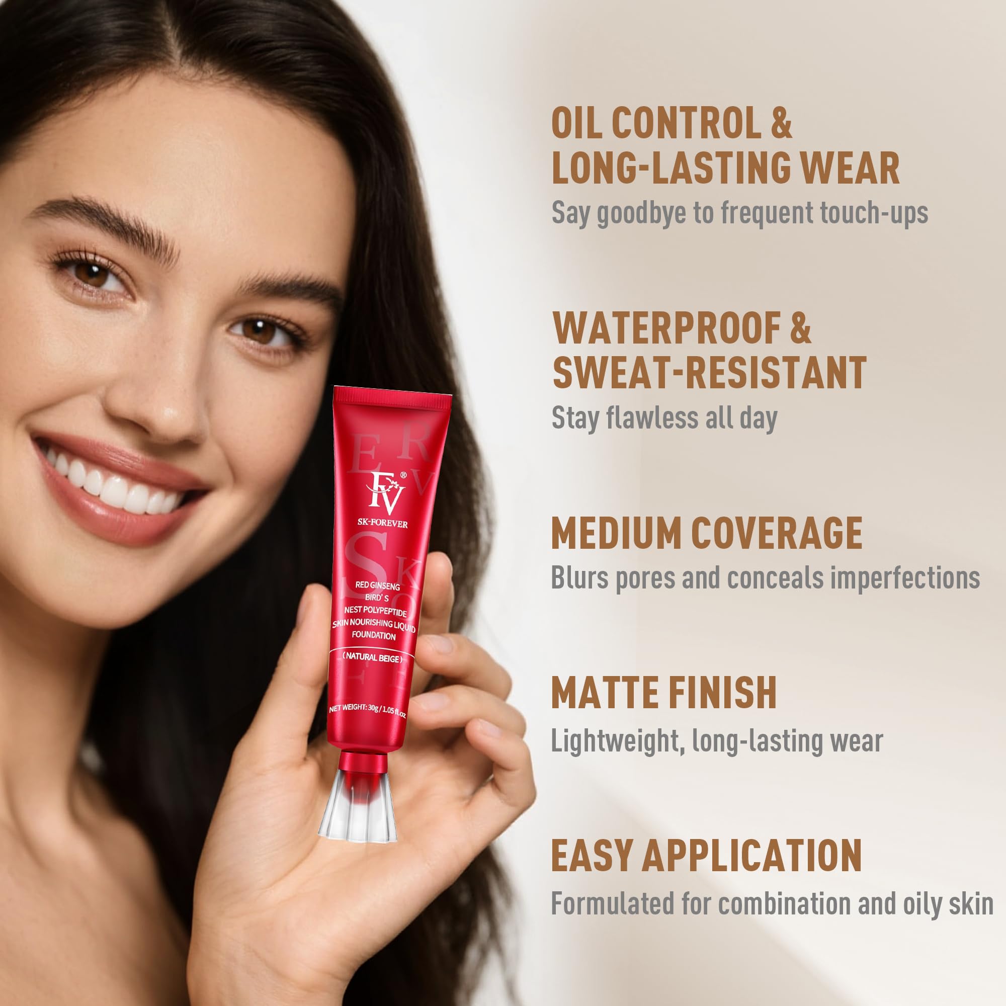 FV Waterproof Liquid Foundation with Matte Finish, Lightweight, Oil-Free, Natural Look Makeup for Combination & Oily Skin, Light to Medium Coverage,Natural Beige, 1 fl. oz.