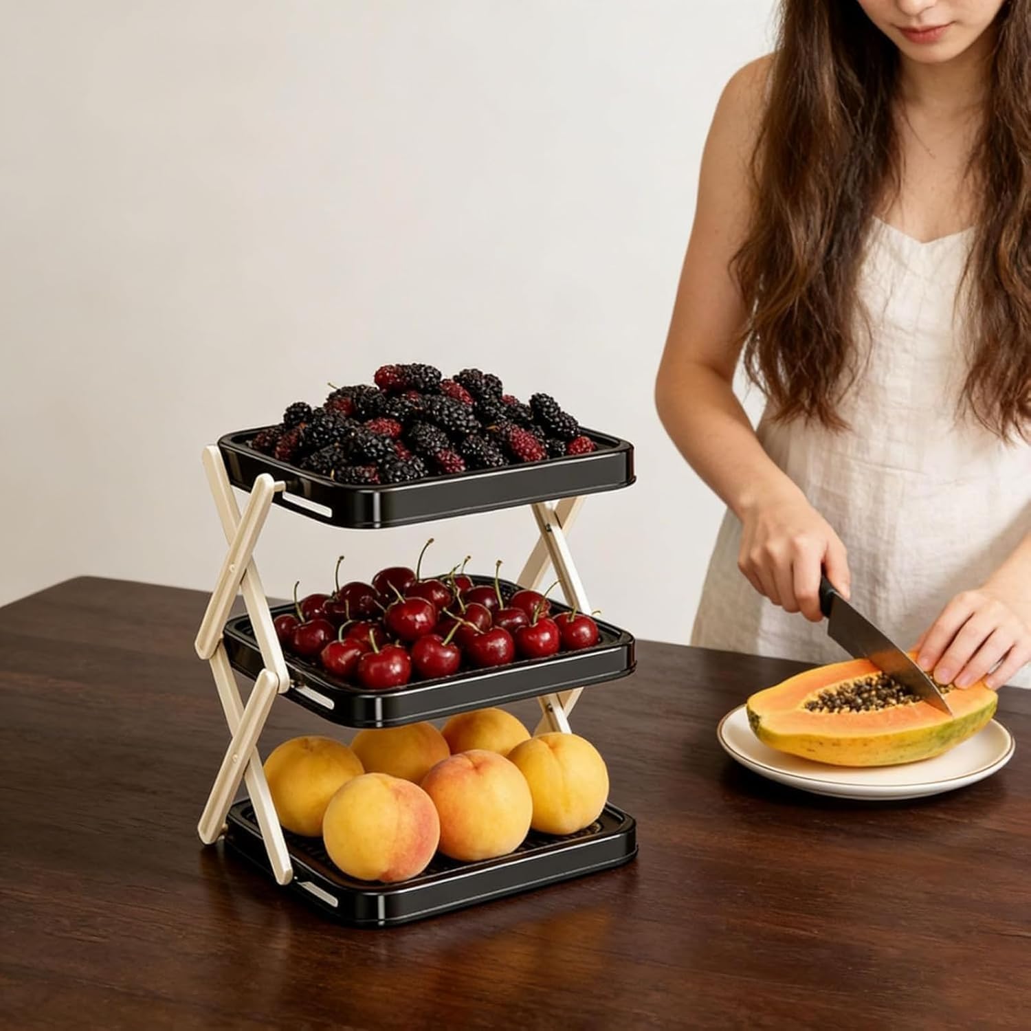 Multi-Layer Dish & Prep Tray Storage Rack, Multifunctional Foldable Vertical Plate Racks for Cabinet, 3-Tier Foldable Plate Organizer, Efficient Kitchen Storage Solution (2PC)