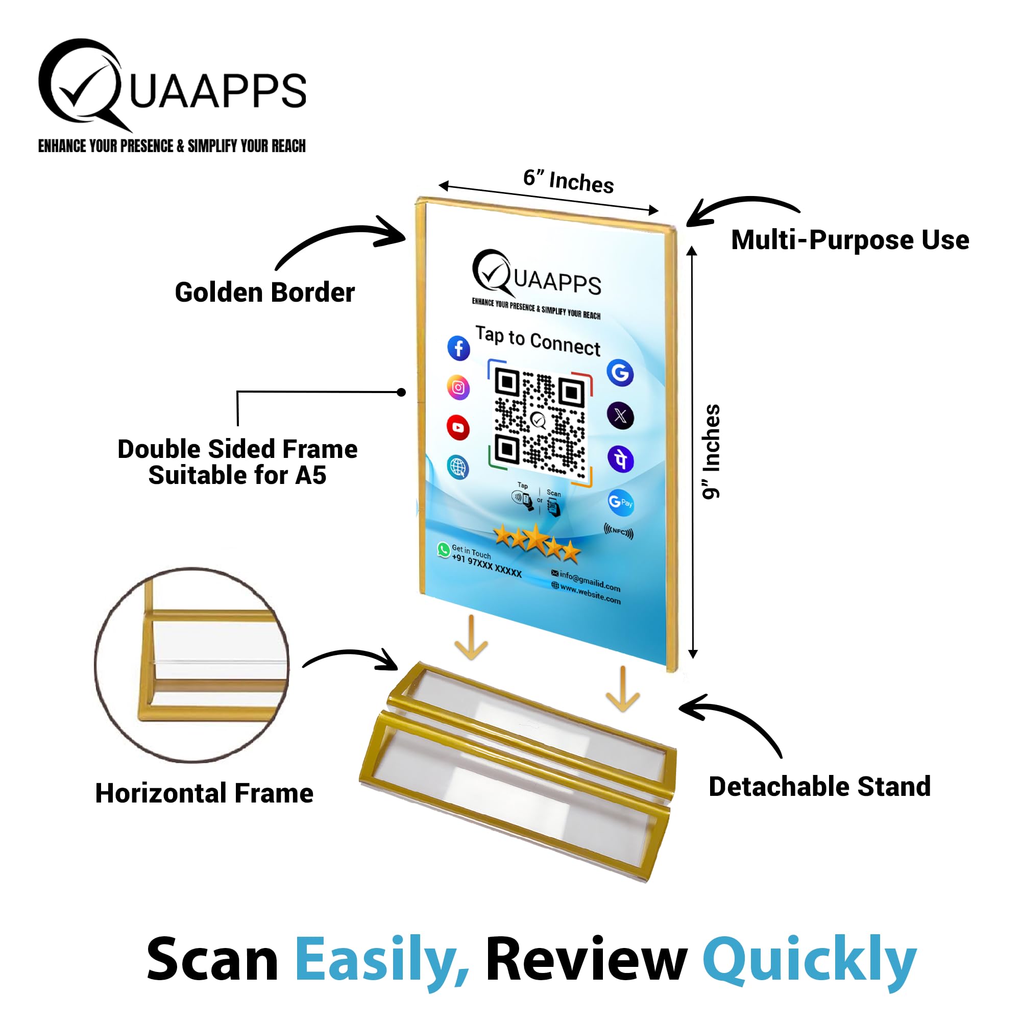 QUAAPPS All-in-One Customized QR Code Scanner Stand | Google Review, Social Media & Payment Links with NFC Tap Functionality | Personalized Display Stand for Restaurant, Salon & Clinic | 9×6 Inch 1
