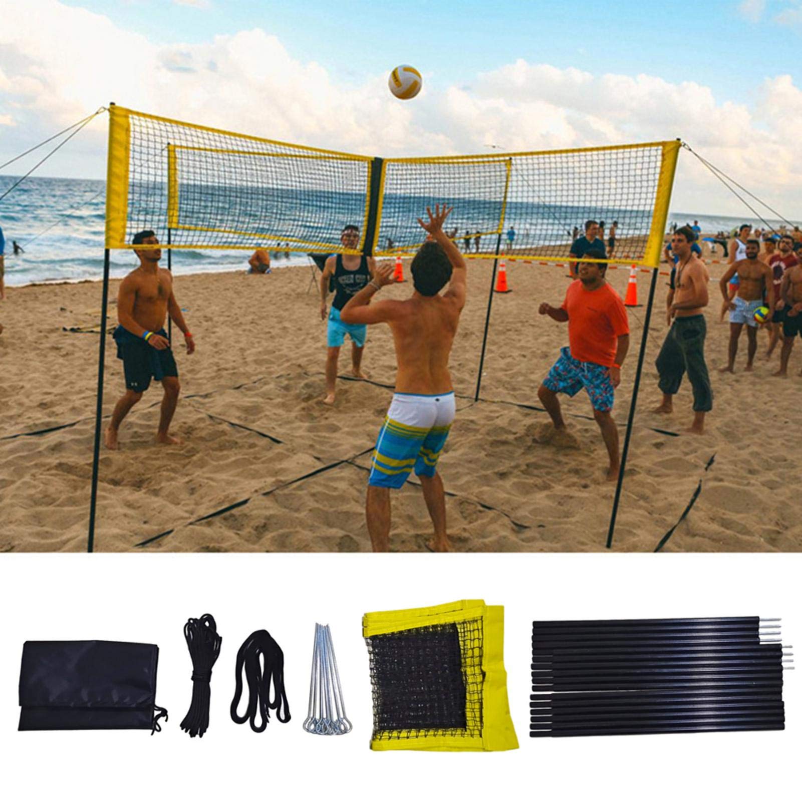Beachvolleyball Netz Set, Volleyball Netz,Beachvolleyball-Netz,volleyballnetz 4 Personen,Tragbares PE Langlebiges Cross Volleyballnetz Trainingsnetz.- 150cm 50cm/59.0619.69in On Each Side