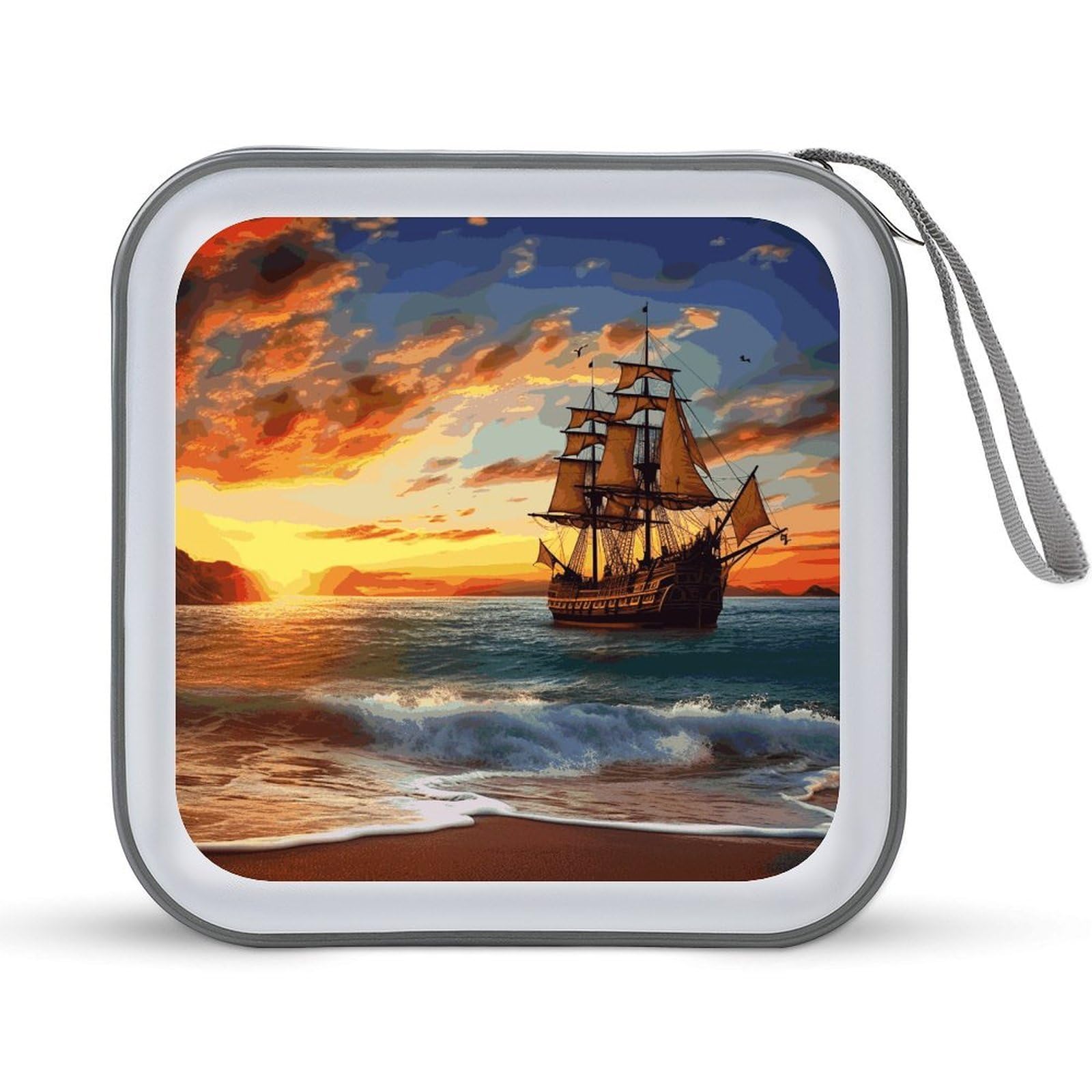 JTREHY Pirate Ship in The Sunset CD Case 40 Capacity Case Zipper CD Collection Bag with Handles Cover DVD Storage Hard Plastic DVD Disc Cases Storage Binder for Car Home Office Travel