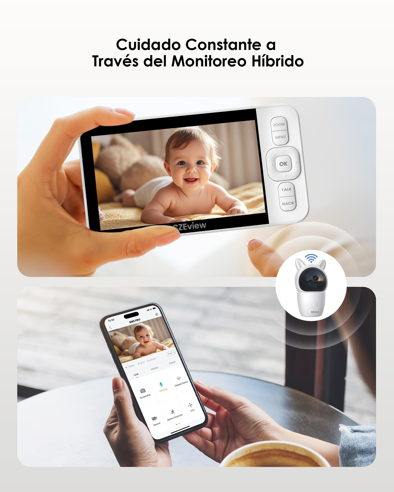 CZEview 5.0”/2K Camara Vigilancia Bebe, 360° PTZ Vigilabebes con Camara, Detección de Movimiento/Ruidos, Audio de 2 Vías, Visión Nocturna, Control de Monitor y Movil (Blanco y Negro)