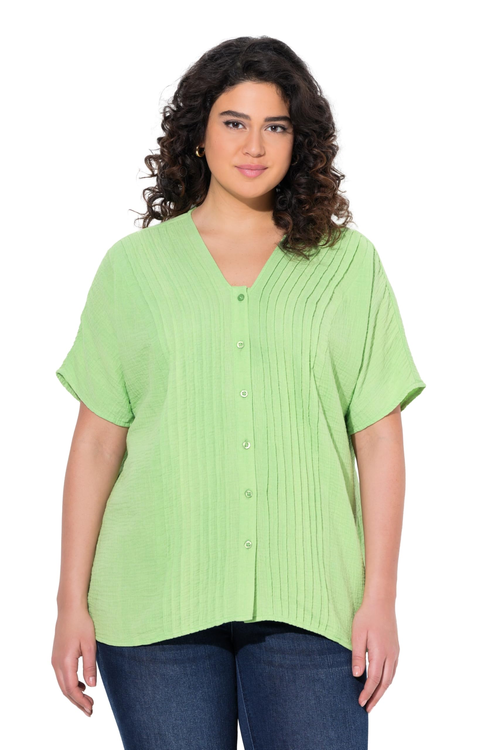 Ulla Popken Damen große Größen Übergrößen Plus Size Musselin-Bluse, Oversized, Biesen, V-Ausschnitt, Halbarm 839238