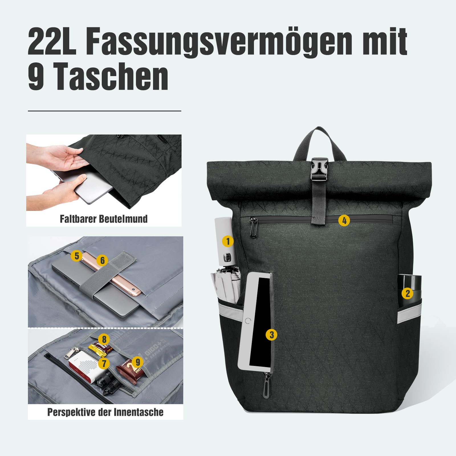 Fietstas voor bagagedrager, 22 Liter, fietstas, rugzak voor Heren, meerdere bagagedragertas met laptopvak, 2-in-1 fietstas, rugzak Combi, reflecterend (Zwart)