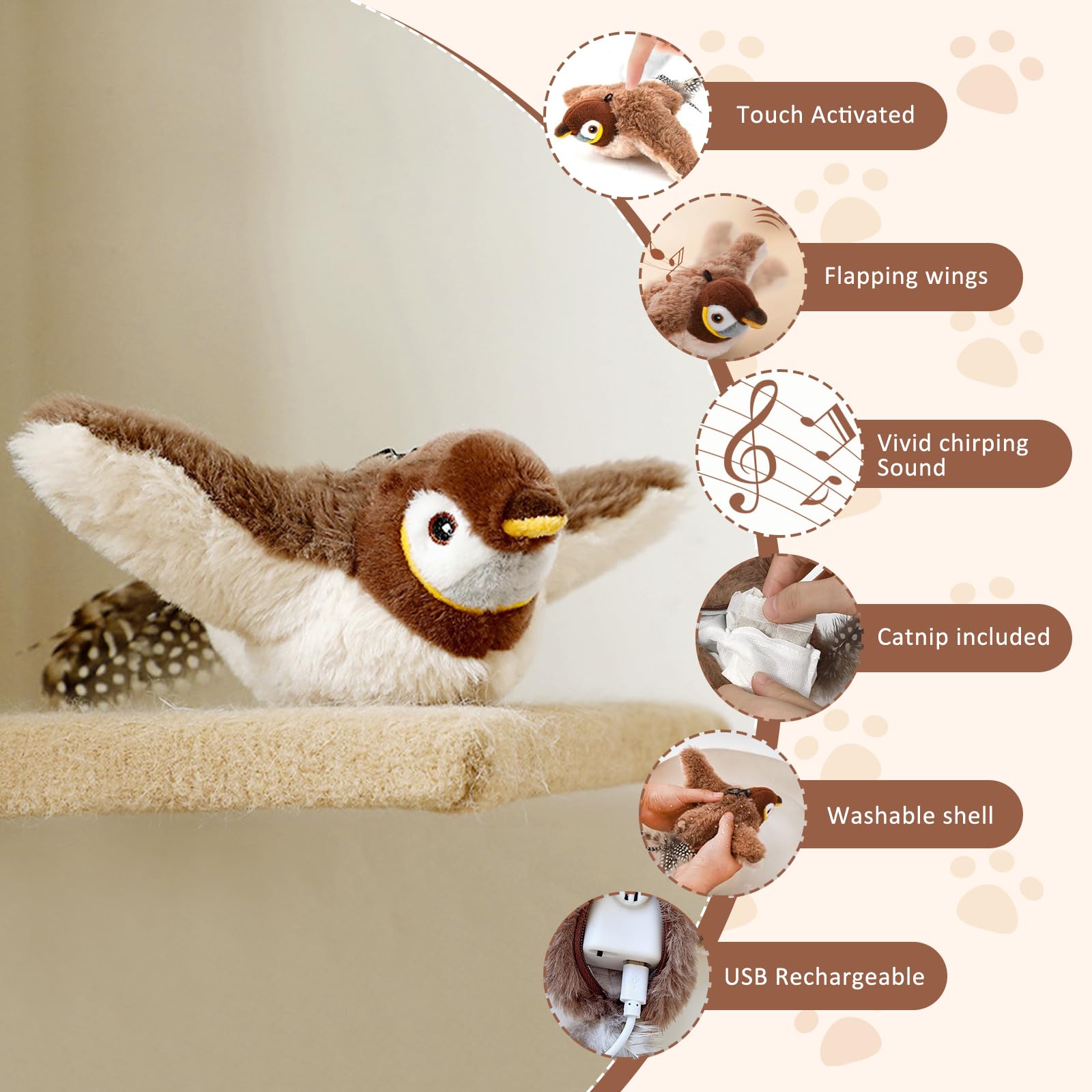 Esoes Cat Toys Flapping Wings Sparrow Interactive Catnip Toys for Cats Chirping Bird Toy Perfect Bird Toy for Cats kittens to Bite Chew and Kick Includes 10 Sachets of Catnip and 1 Replacement Core - Image 4
