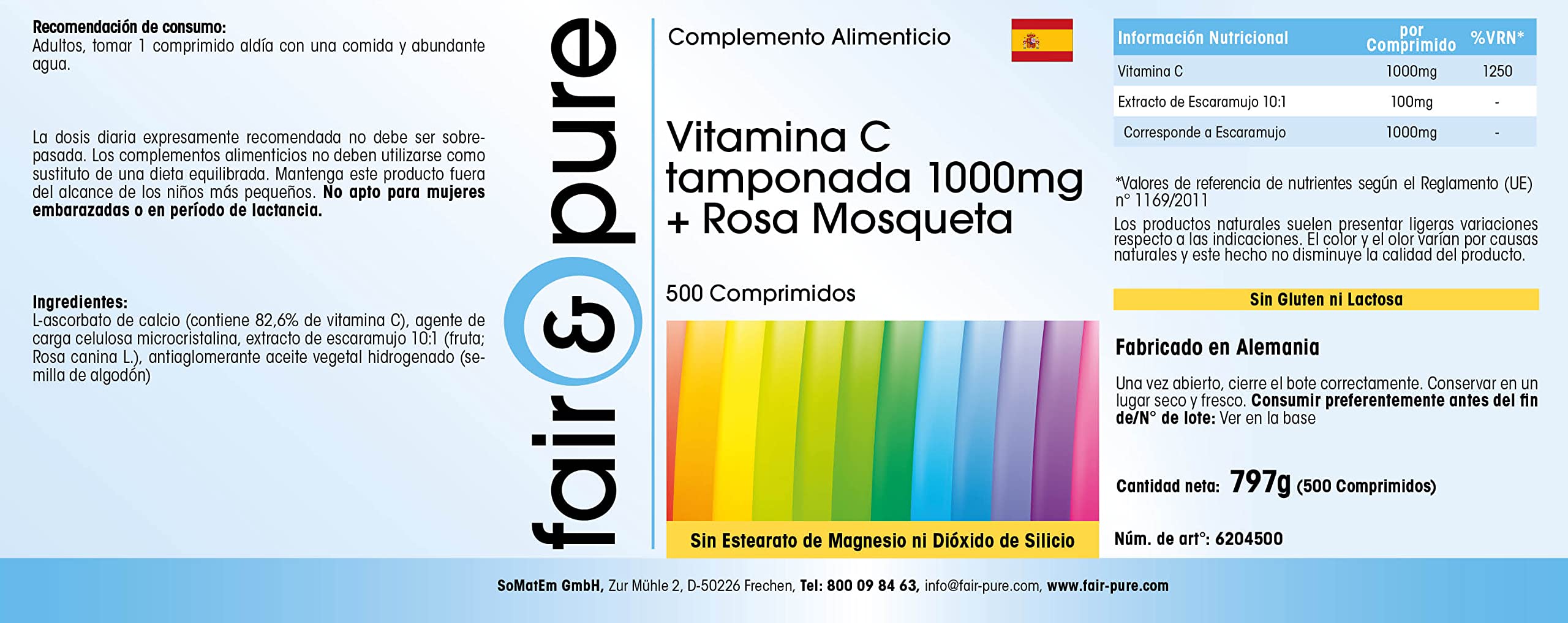 Fair & Pure Vitamine C tamponnée 1000 mg + cynorrhodon, 500 comprimés, hautement dosé avec 1250% VNR, L-ascorbate de calcium, complément alimentaire sans stéarate de magnésium, fabriqué en Allemagne