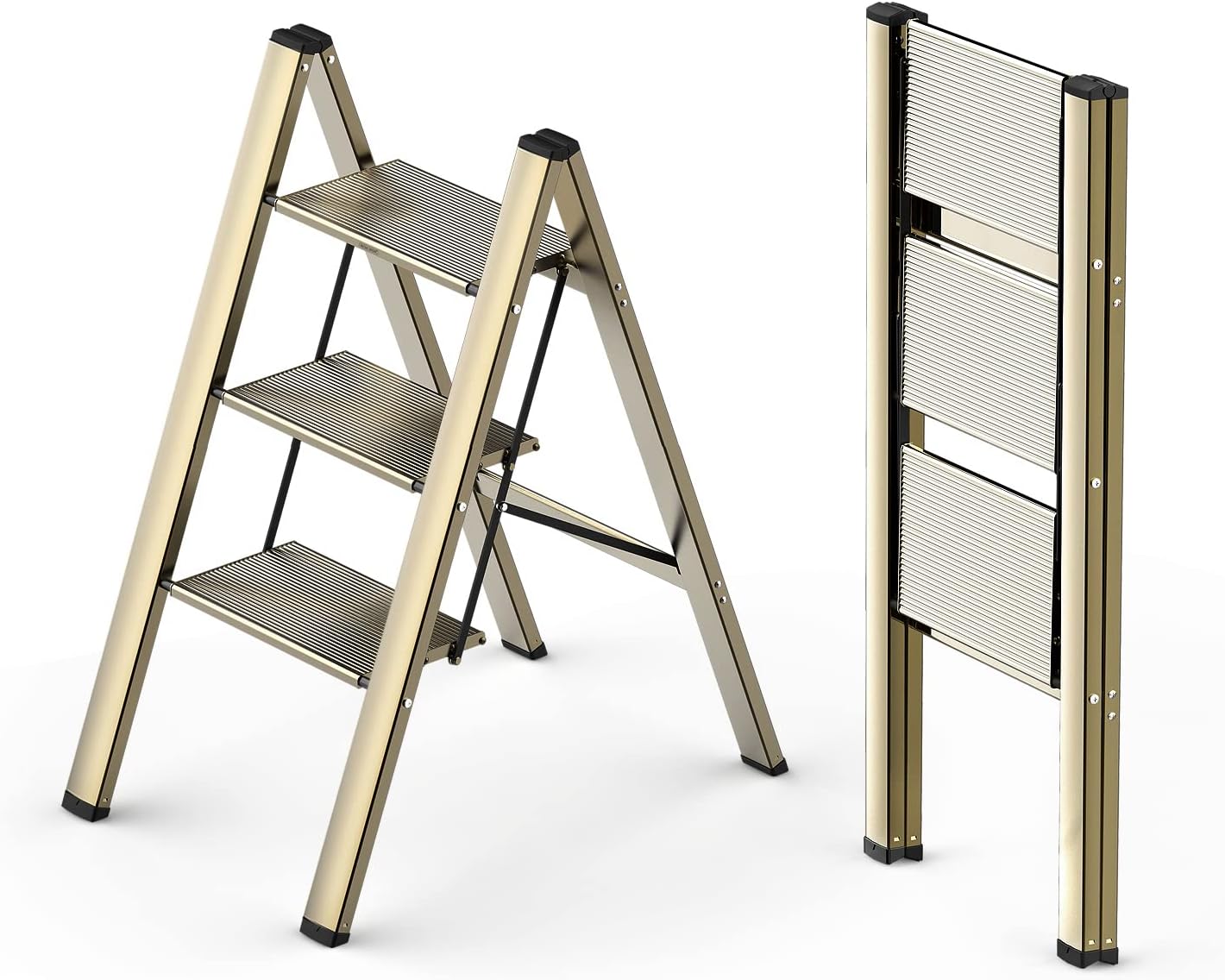 WOA WOA 3 Step Ladder, Foldable Step Stool, Aluminum Lightweight Ladder for Home Kitchen Closet, Anti-Slip Pedals, Ease of Folding, Portable, 300lbs Capacity - Gold