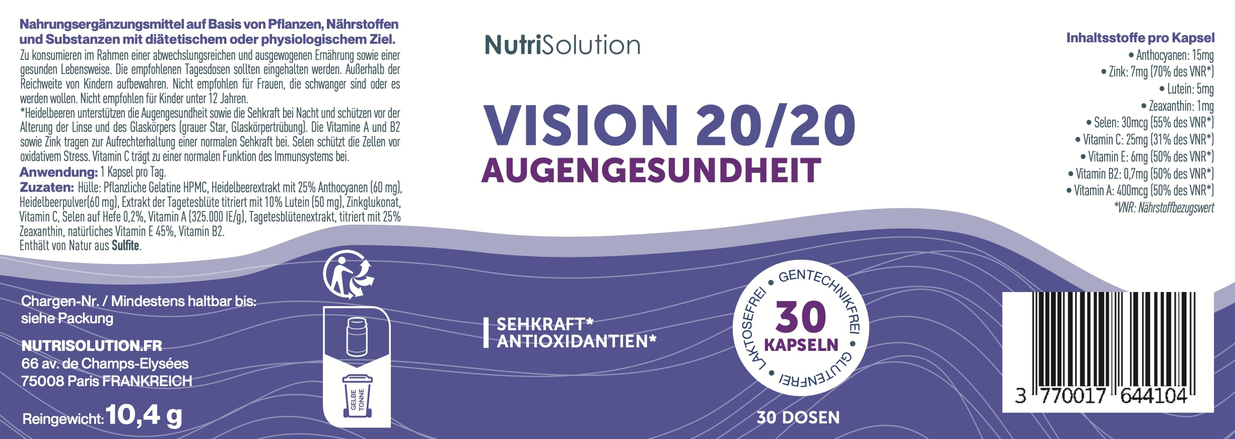 Vision 20/20: Natürliches Nahrungsergänzungsmittel für die Augengesundheit mit Heidelbeere, Lutein & Zeaxanthin – Sehschärfe & Augenermüdung – 30 vegane Kapseln (1)