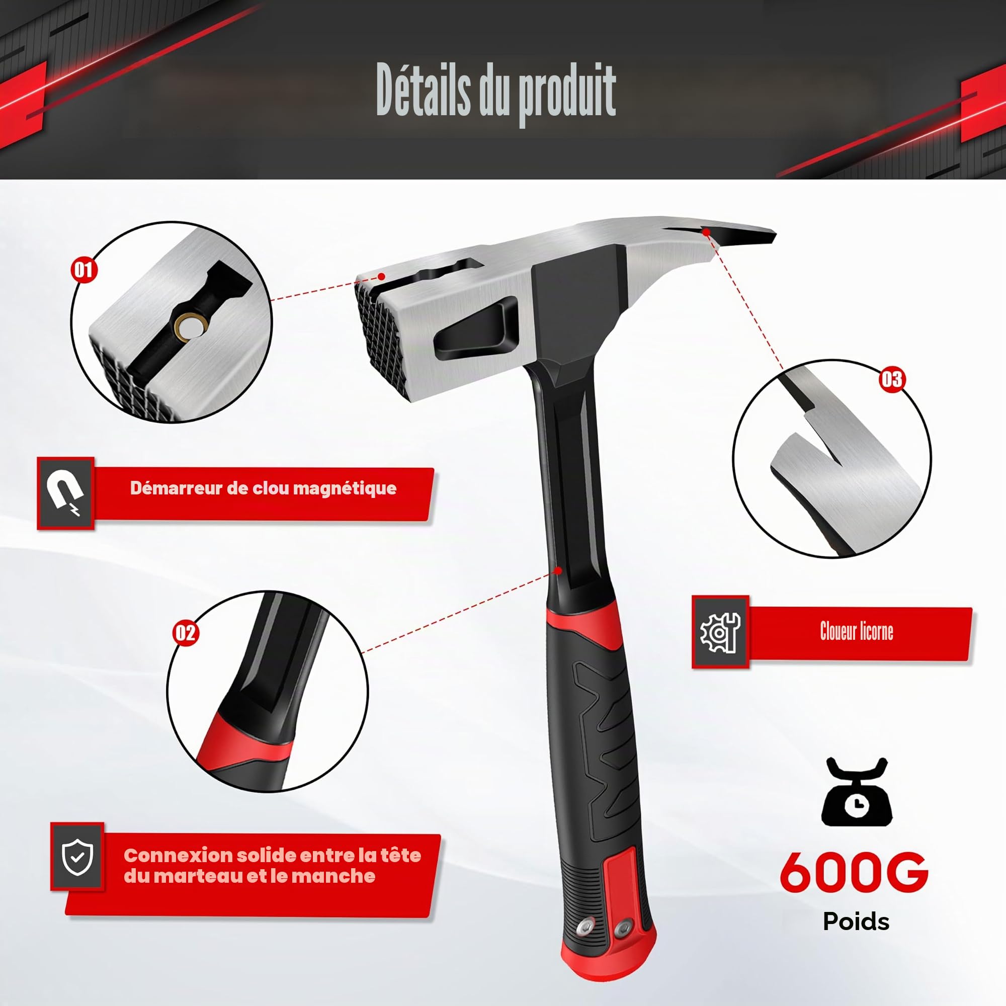 C&T Marteau de charpentier de 600 g, marteau de serrurier, marteau forgé, poignée ergonomique en fibre de verre, construction monobloc, support magnétique à clous