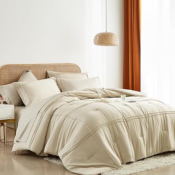 Yogeneg Twin Comforter Set 5 Piece Bed in a Bag,Grid Pinch Pleat Beige Twin Bedding Set,Striped Textured Soft Microfiber Comforter with Sheet Set,All Season Complete Bed Set(Beige,Twin)